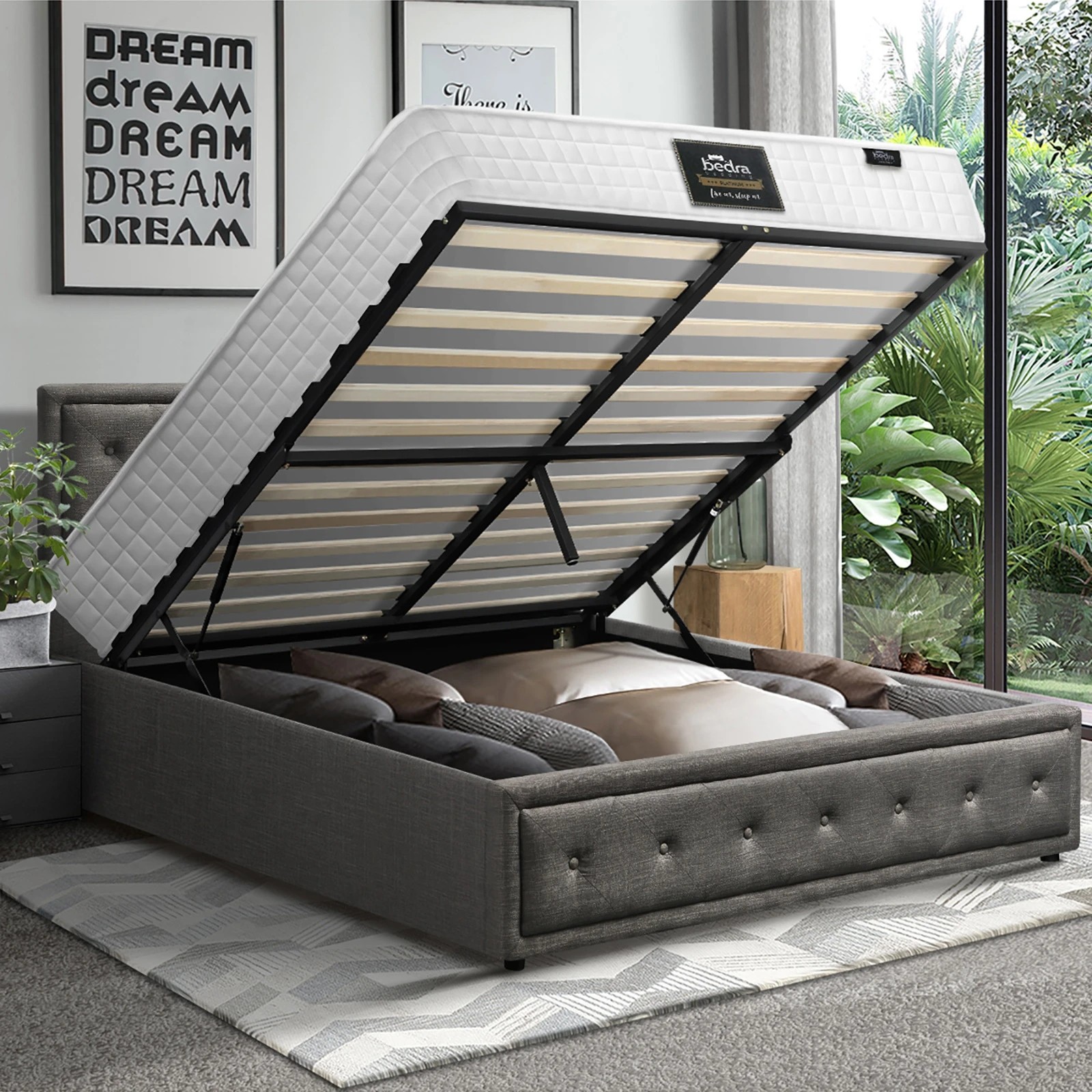 3 Oikiture Queen Bed Gas Lift Storage Base With Mattress Set
 - Grey, 3 of 10