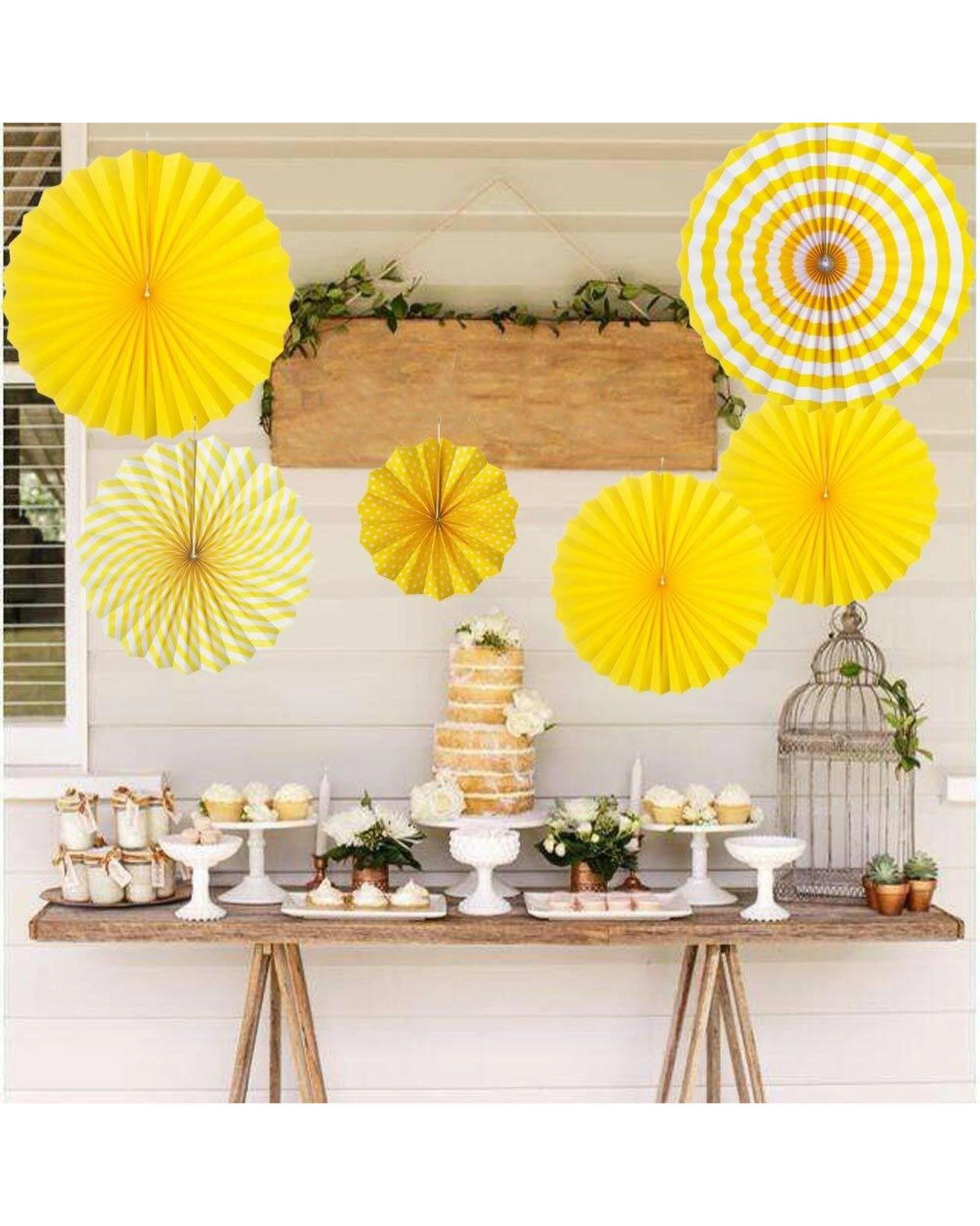 2 Partyrama Yellow Paper Fan Decorations Pack of 6 - Yellow, 2 of 3