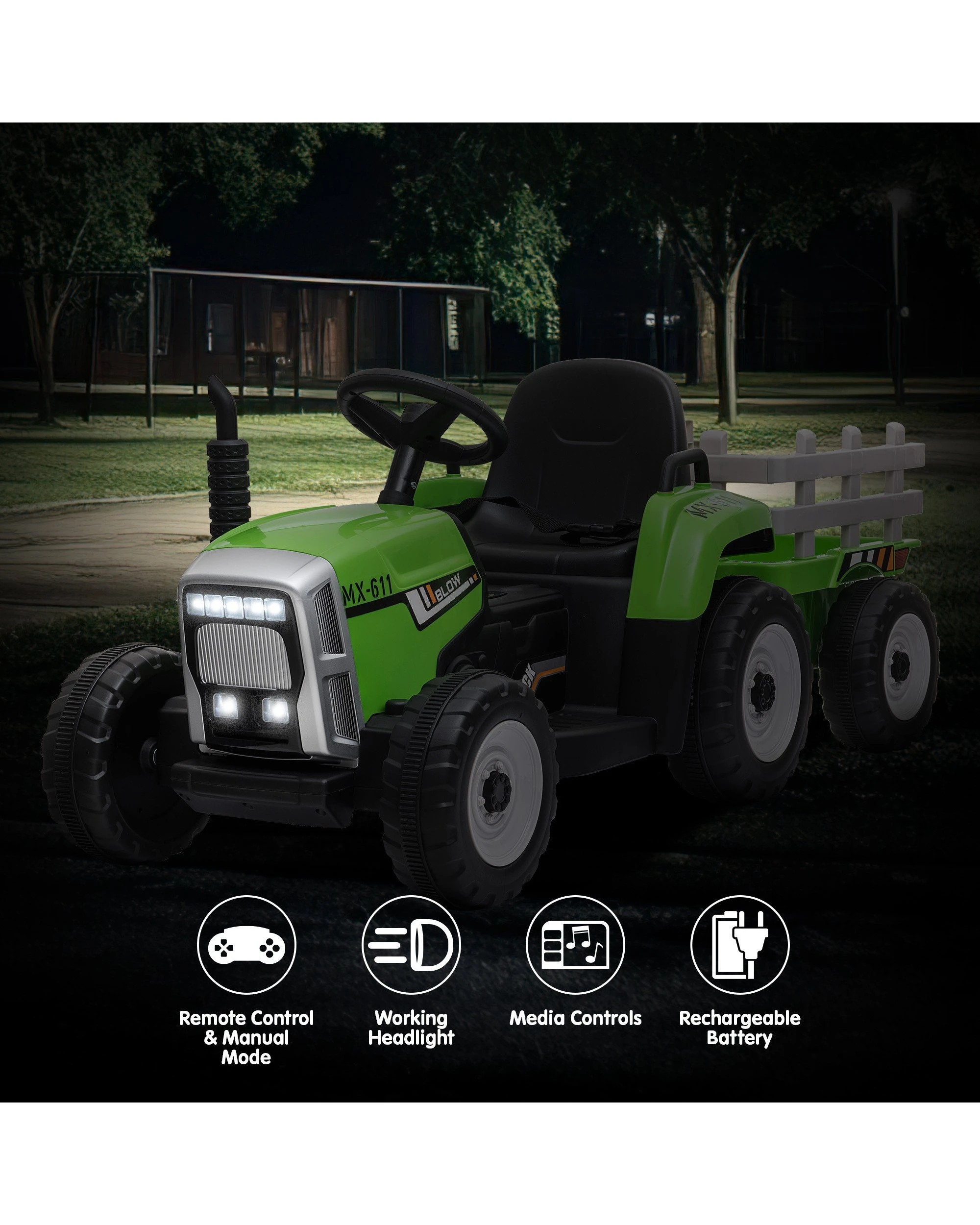 6 Kahuna MX-611 Kids Electric Ride On Tractor Trailer Car Green Grey, 6 of 10