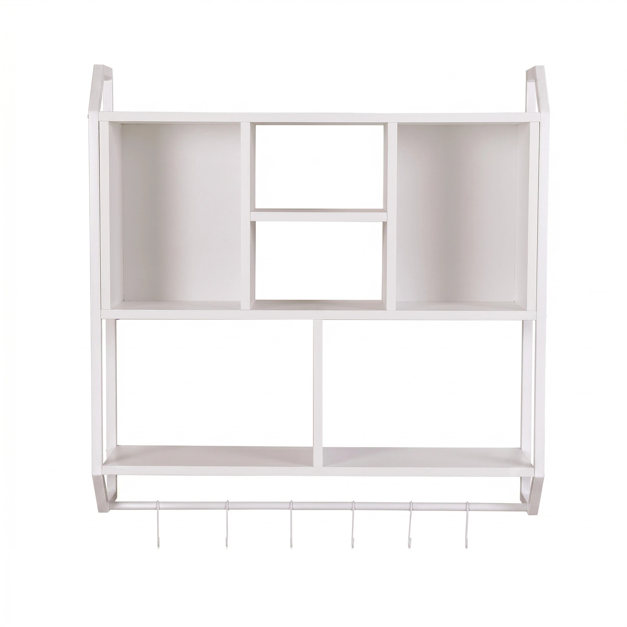 4 Artiss Floating Wall Shelf 6 Hooks Wall Mounted Storage Cubby Rack 73.5x74CM - White, 4 of 8