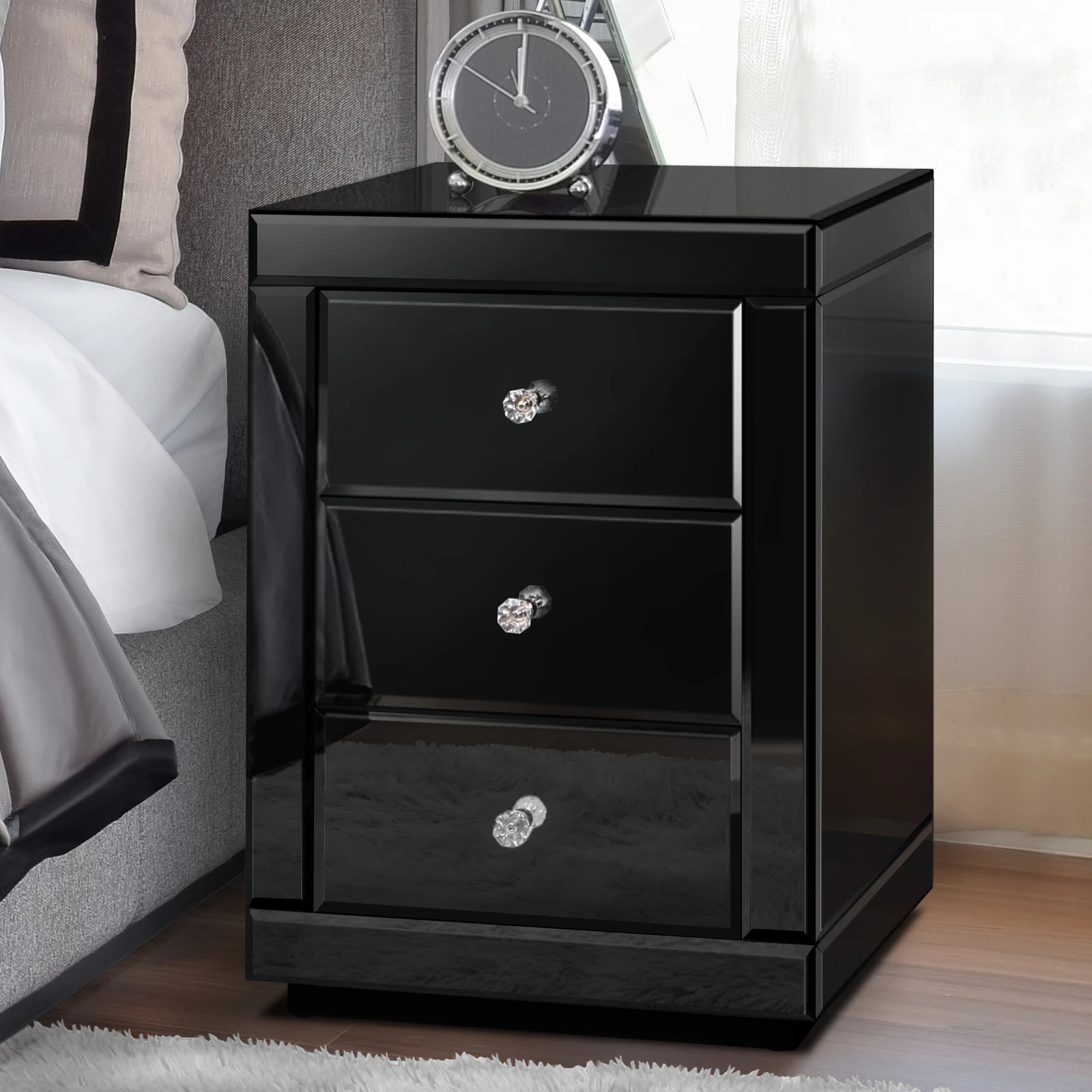 1 Alfordson Bedside Table Mirrored Cabinet Nightstand Side End Table Drawers - Black, 1 of 10