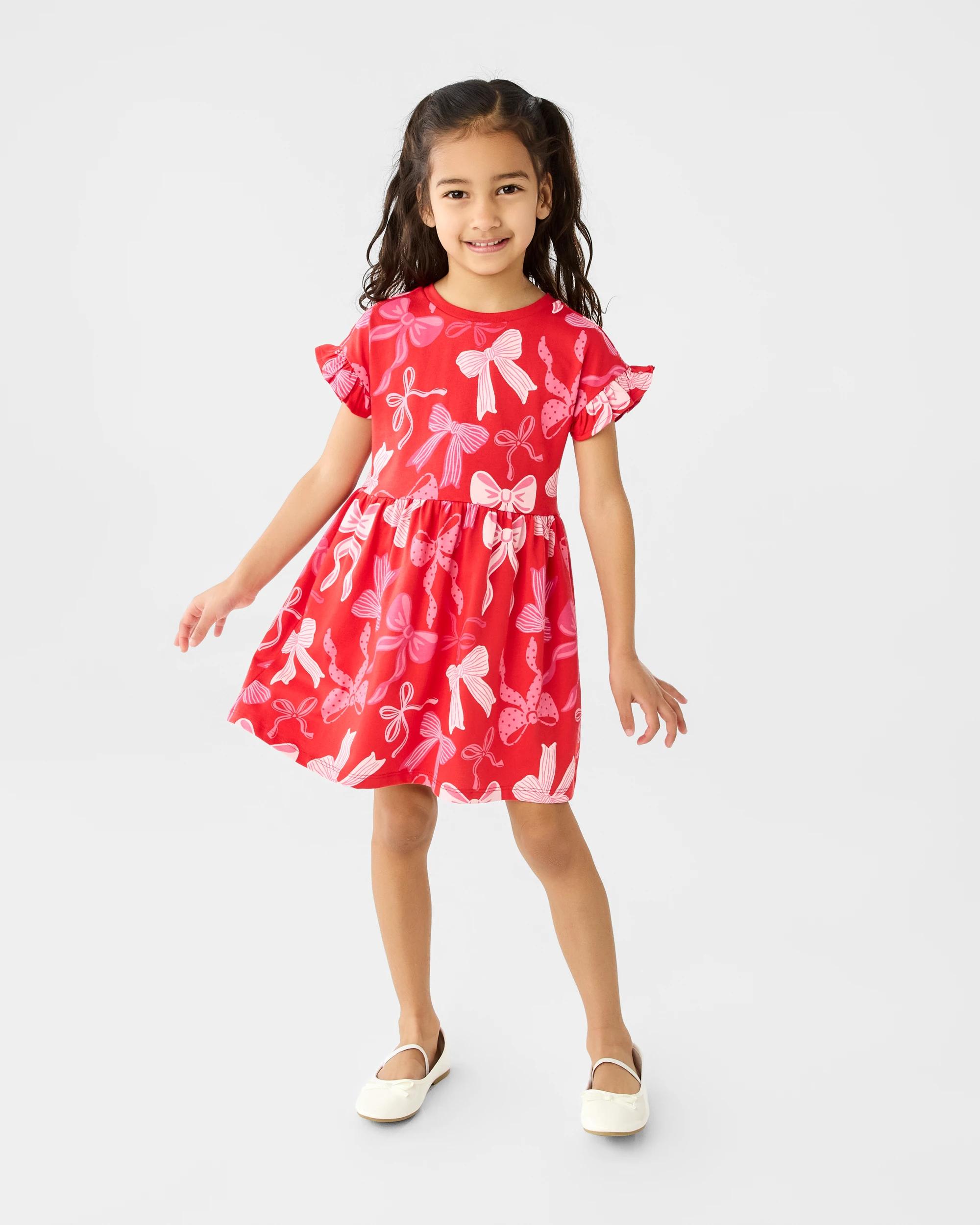 6 Christmas Print Jersey Dress Red Bows, 6 of 7