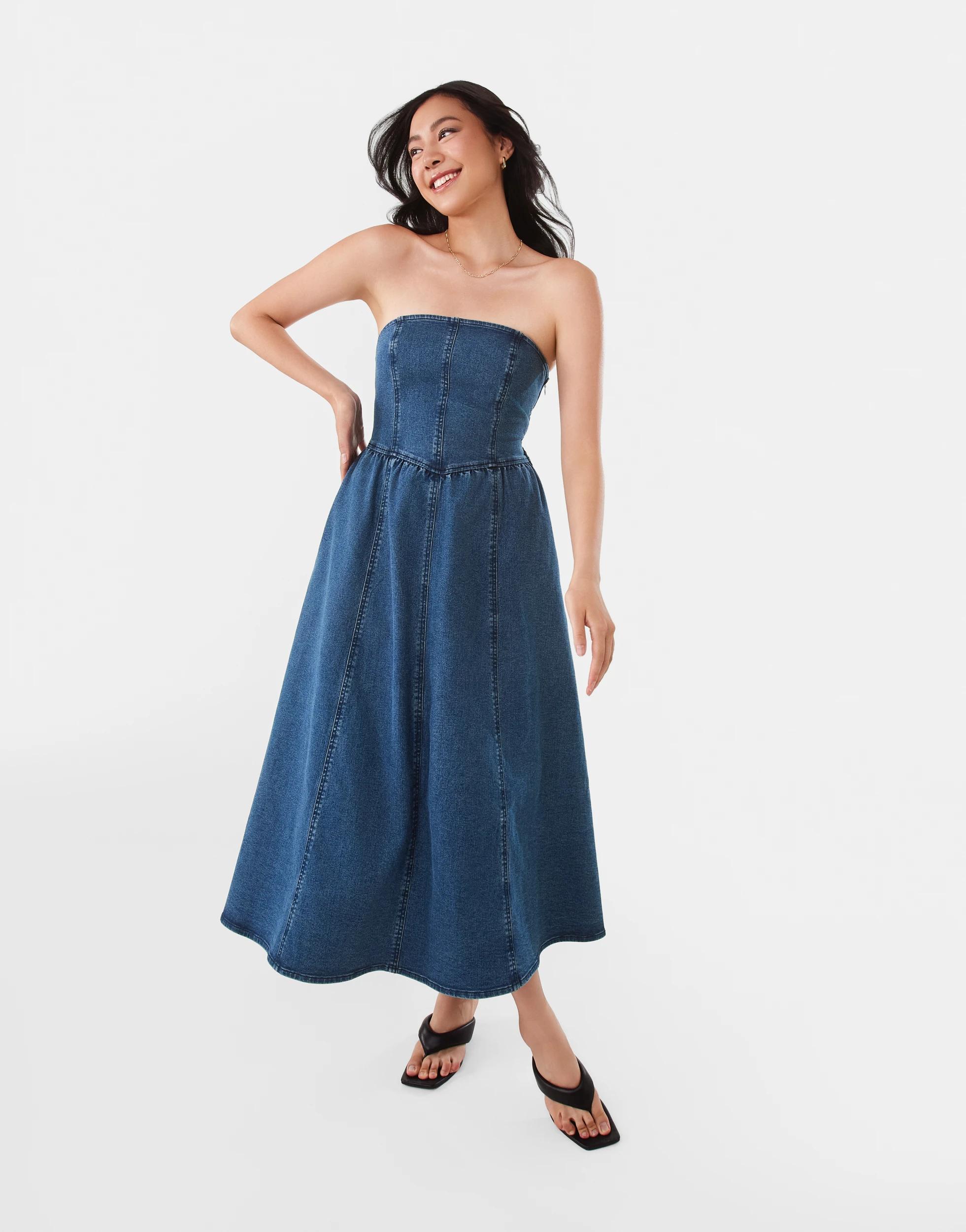 1 Strapless Denim Midi Dress Dark Wash, 1 of 10