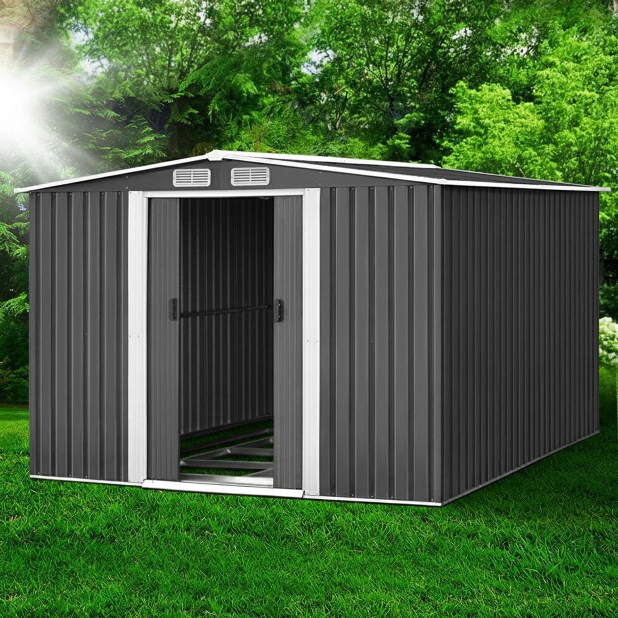 2 Giantz Garden Shed Metal Base Sheds Outdoor Storage Workshop Shelter Sliding Door - Grey, 2 of 8