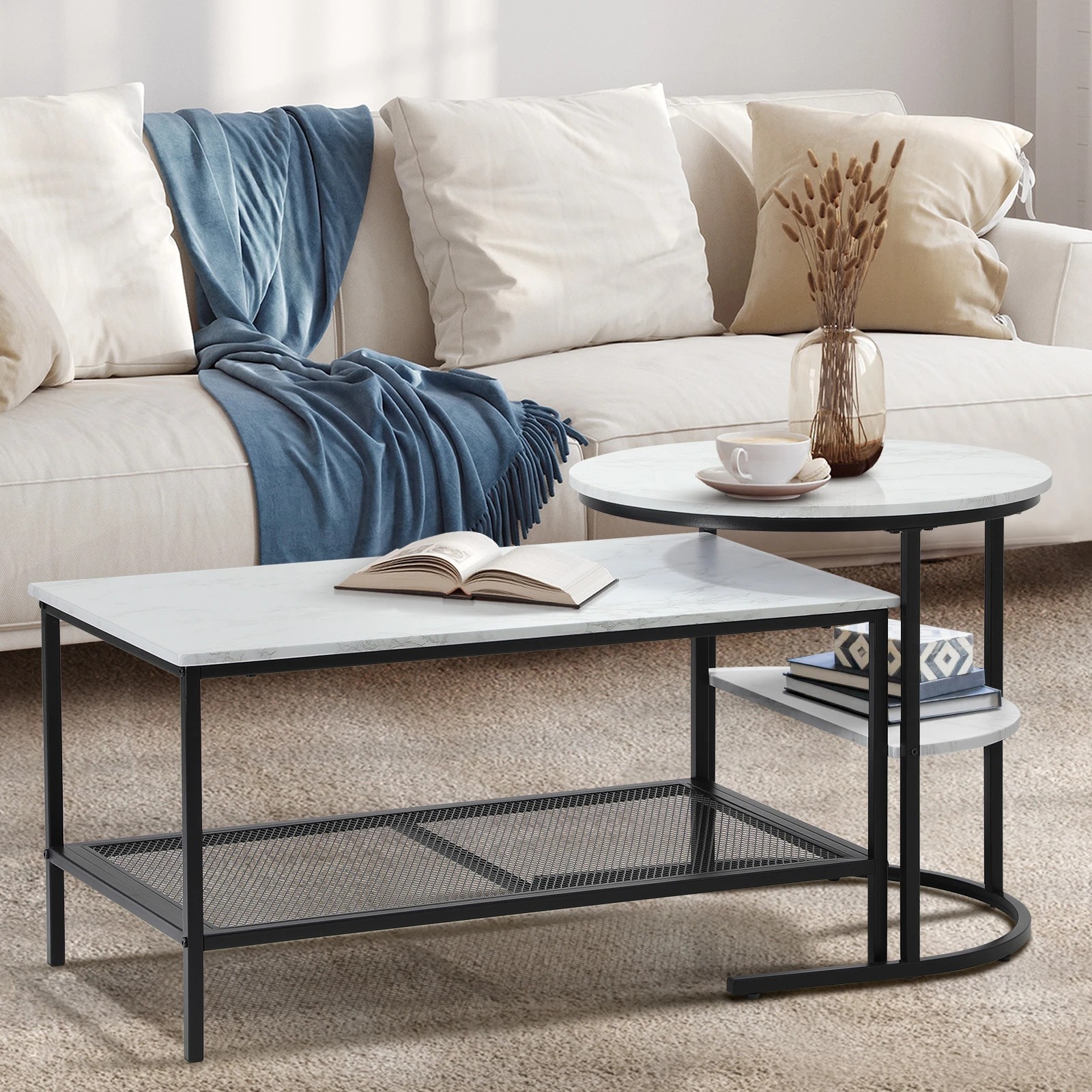 2 Oikiture Nesting Coffee Table Set Of 2 Side End Tables Faux Marble Top
 - Multi, 2 of 10