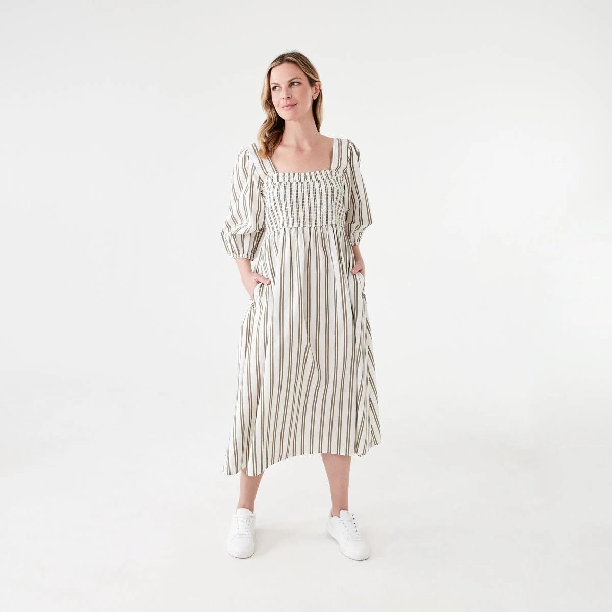 1 Short Sleeve Shirred Bodice Midi Dress TAYLOR STRIPE BURNT OLIVE, 1 of 6
