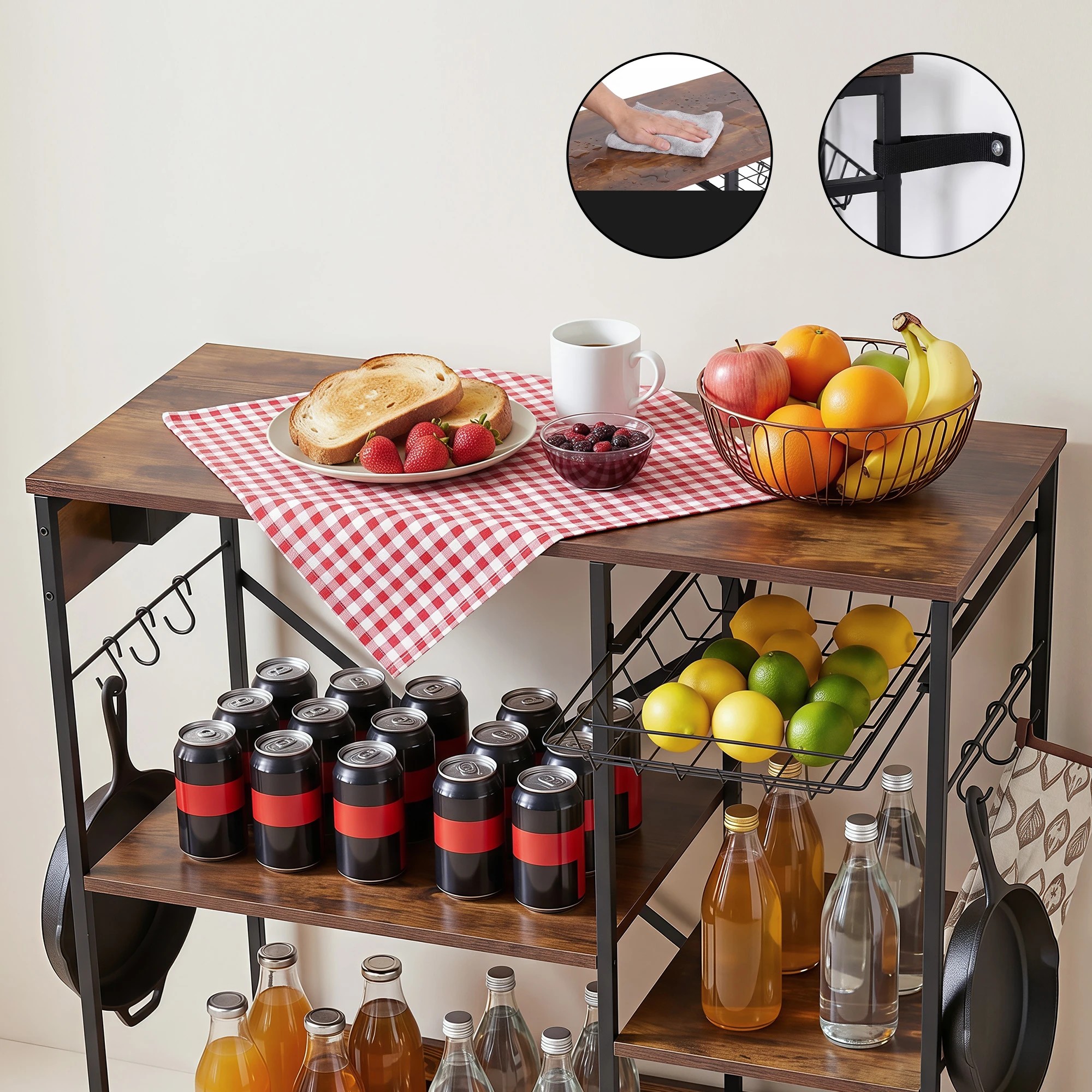 6 Artiss 3-Tier Kitchen Bakers Rack with 2 Power Outlets Microwave Stand 6 Hooks 90CM - Brown, 6 of 9