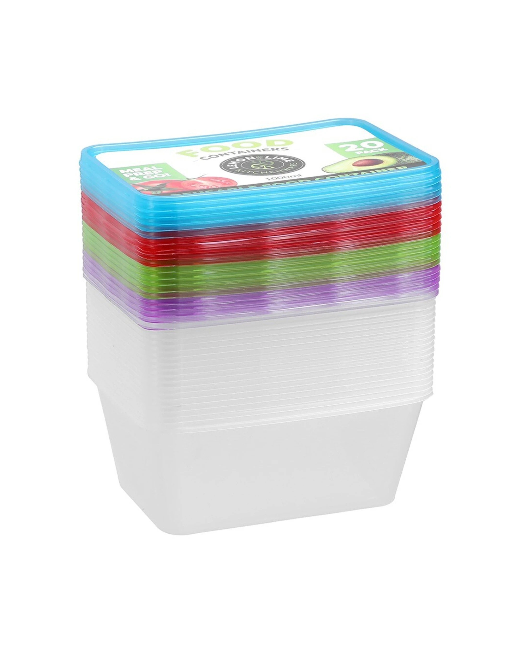 1 20pk Lemon & Lime Rectangle 1l Reusable Food/meal Container W/ Coloured Lids
 - Multi, 1 of 6