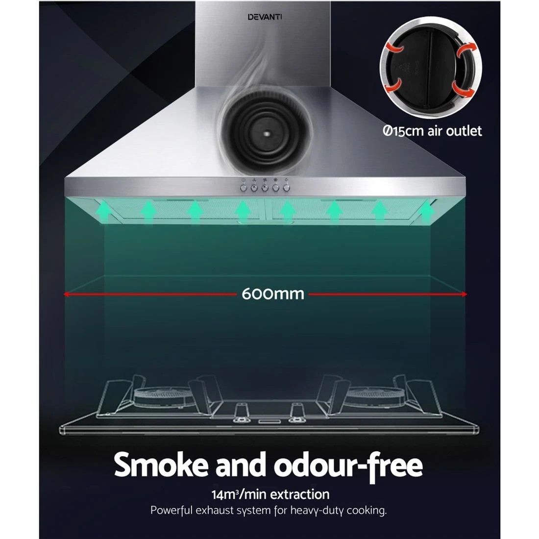 3 Devanti 600mm Range Hood 60cm Rangehood Stainless Steel - Silver, 3 of 6