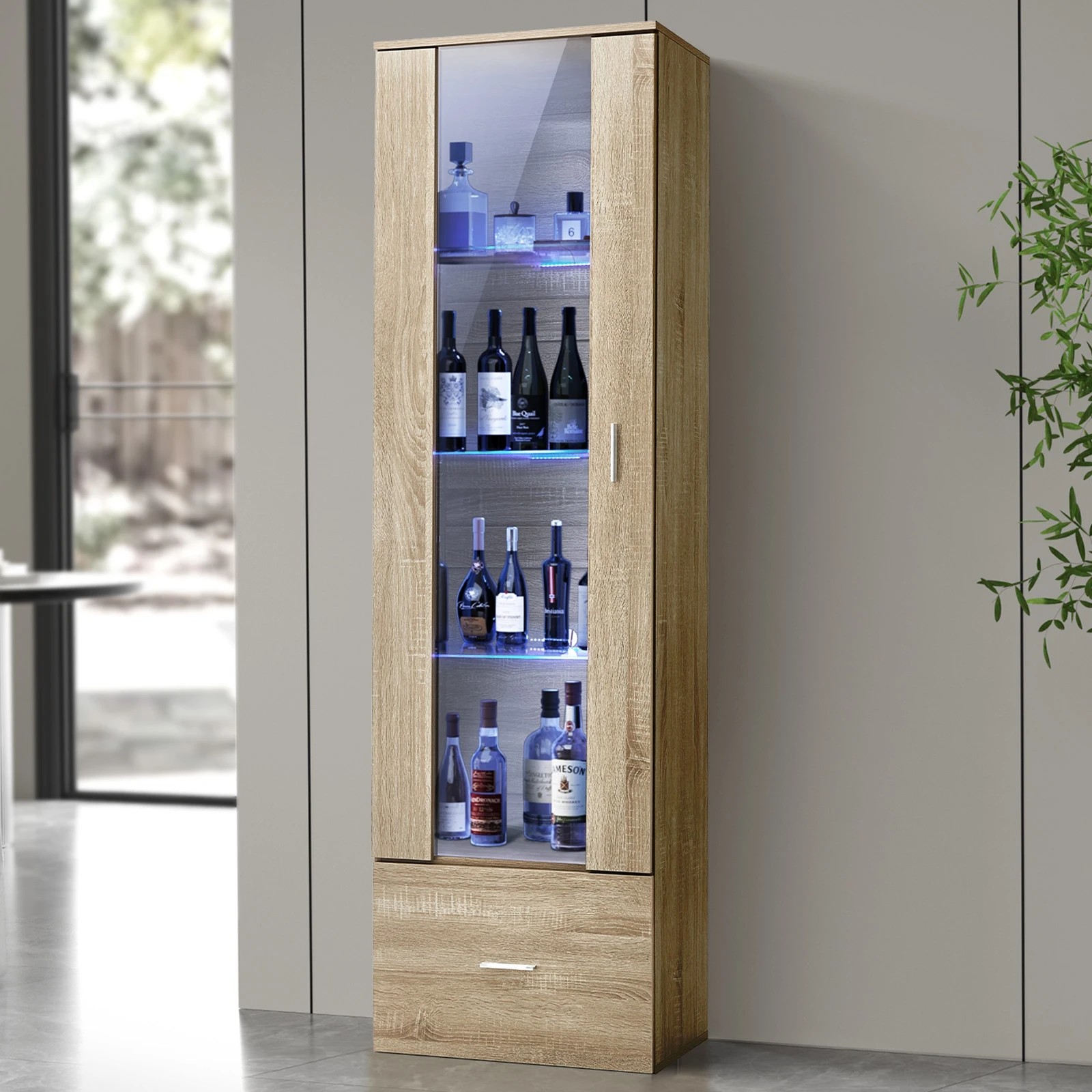 3 Oikiture Display Cabinet Buffet Sideboard LED Light Cupboard- Natural, 3 of 10