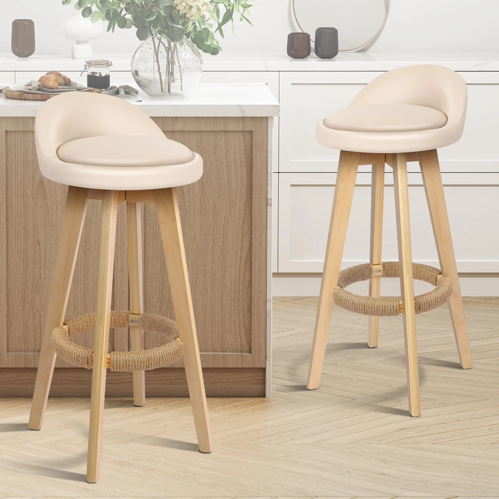 8 Alfordson 4x Kitchen Bar Stools Liam Wooden Swivel Bar Stool Chairs - Beige, 8 of 10