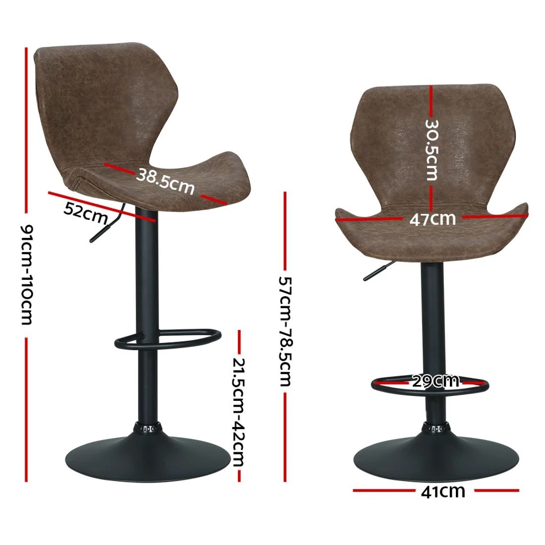 1 Artiss 2x Bar Stools Vintage Leather Gas Lift - Brown, 1 of 5