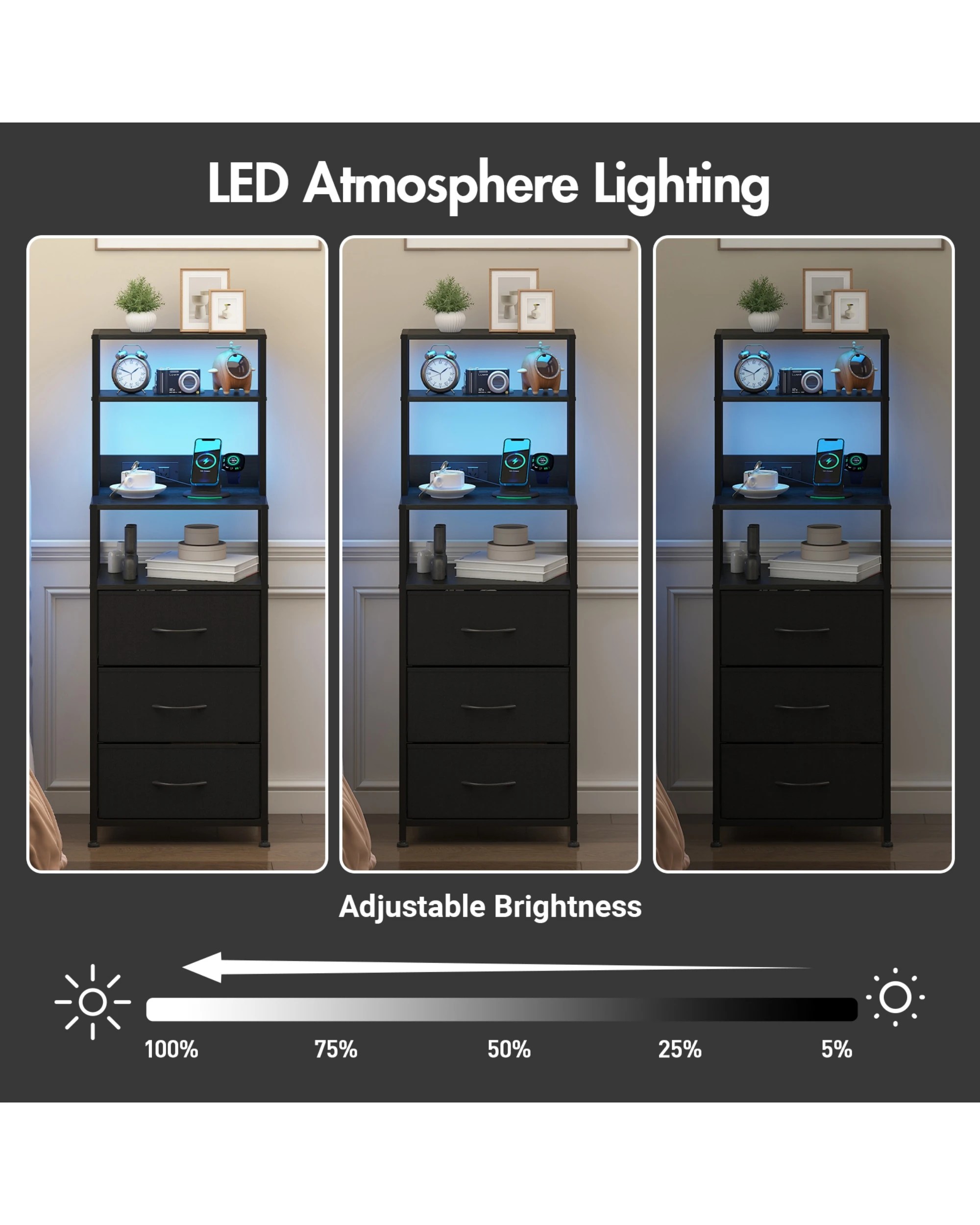 5 Advwin Led Bedside Table With Charging Station 3 Fabric Drawers Nightstand
 - Black, 5 of 9