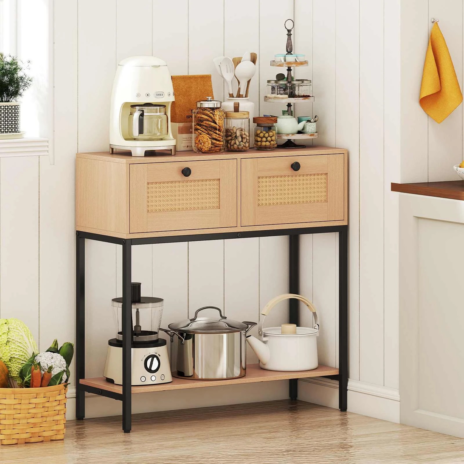 3 Costway 80cm 2-Tier Boho Console Table Wooden Hallway Sofa Table w/2-Drawer, 3 of 5