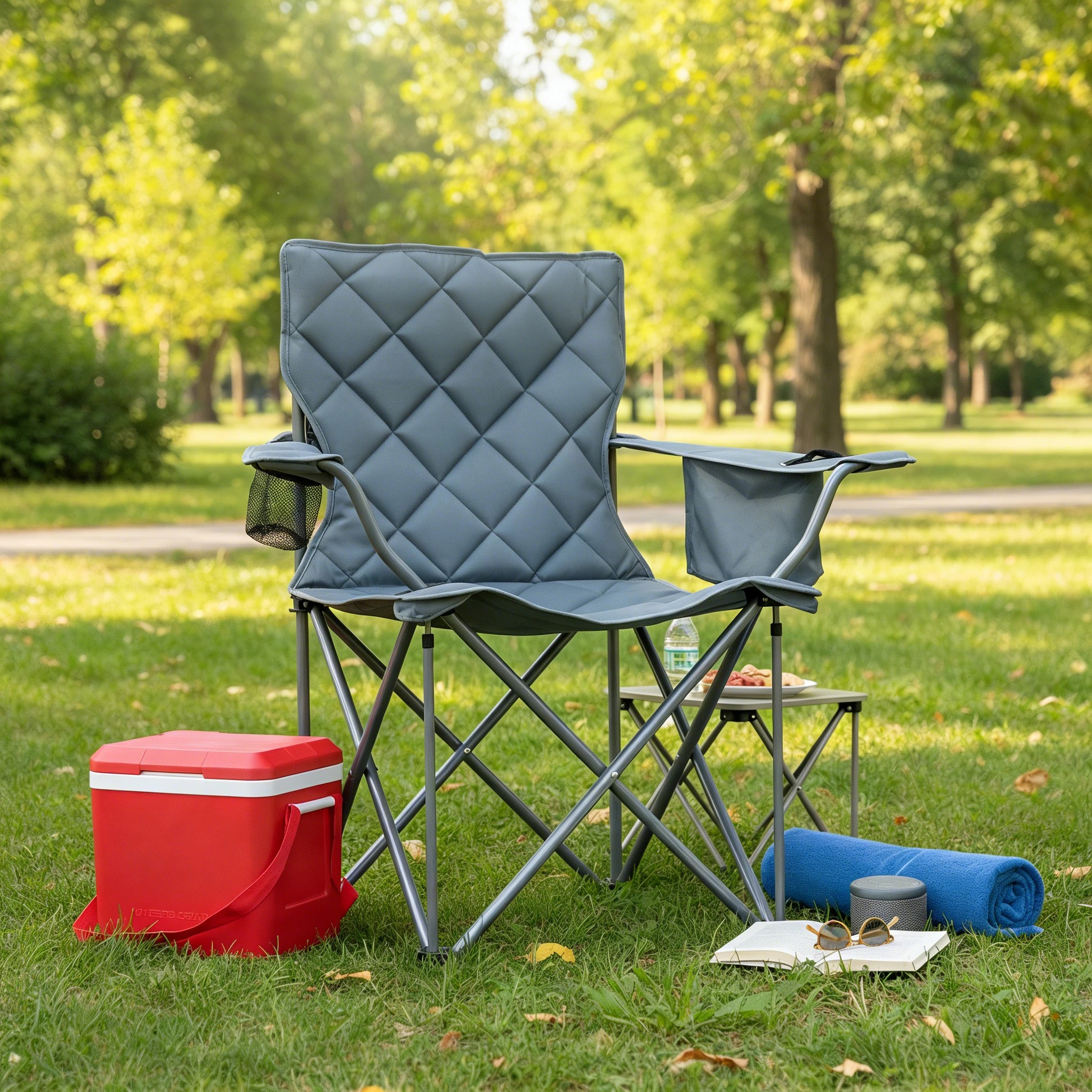3 Costway Oversized Camping Chair Portable Folding Picnic Chair w/Cup Holder Cooler & Carry Bag 227KG - Grey, 3 of 4