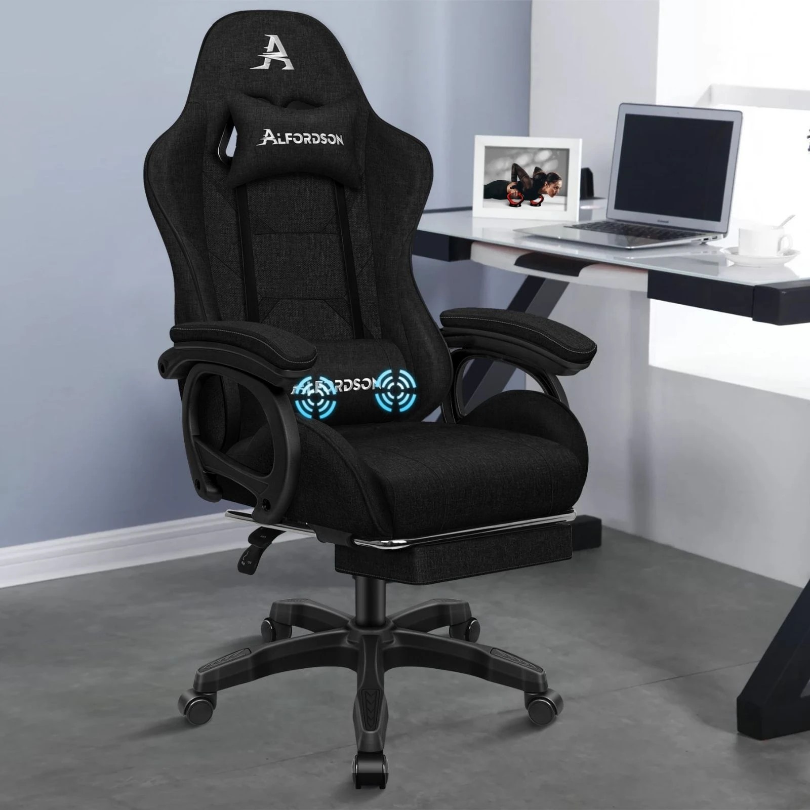 9 Alfordson Gaming Chair Office Massage Computer Racing Fabric Seat Footrest - Black, 9 of 10