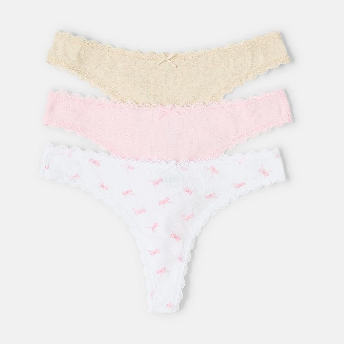 1 3 Pack Pointelle G-String Briefs Pink Bows, 1 of 9