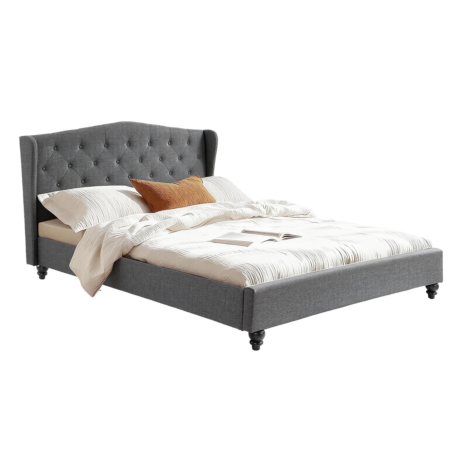1 Artiss Queen Bed Frame with Wingback Headboard  Linen Upholste Platform Bed Base - Grey, 1 of 6