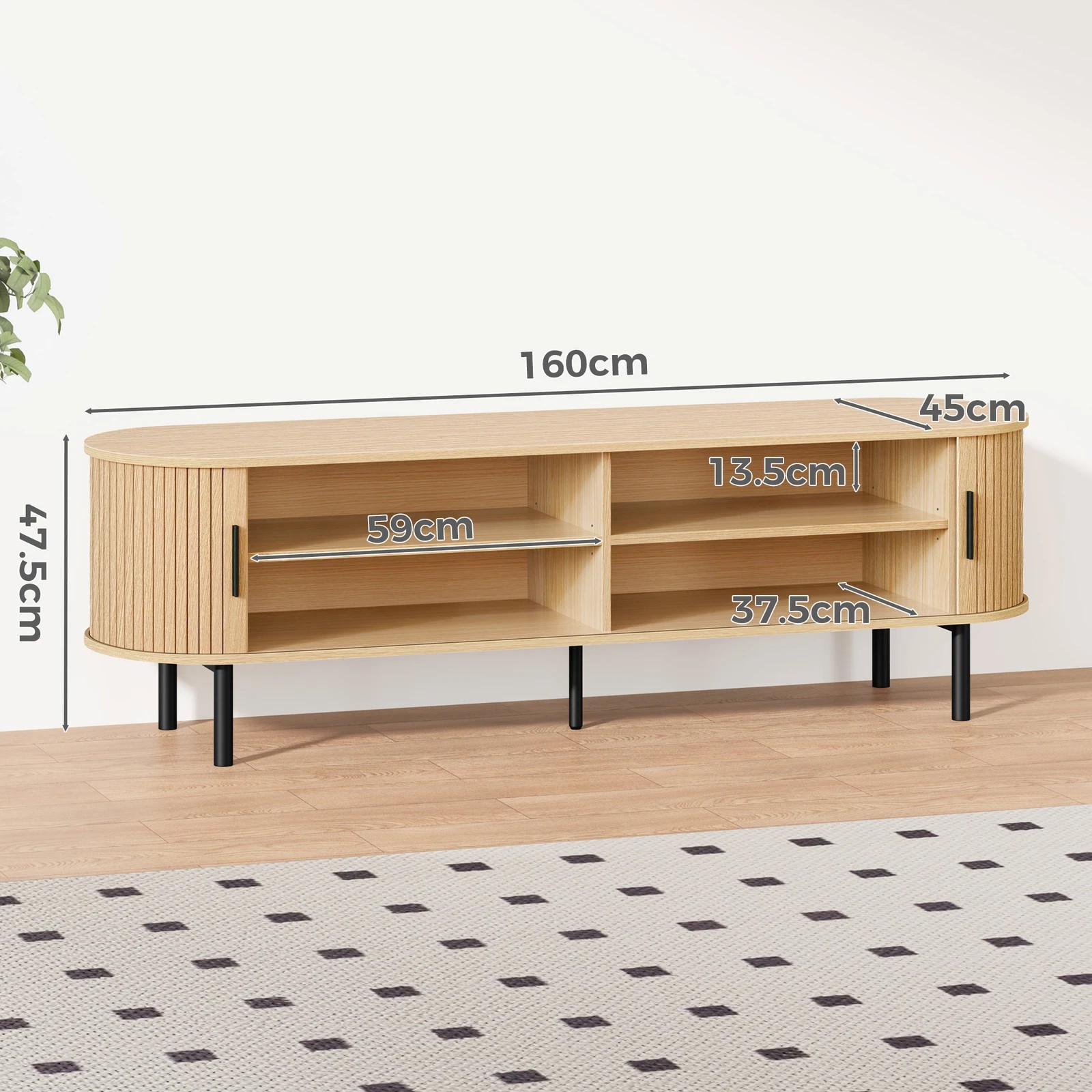 3 Alfordson TV Cabinet 160cm Entertainment Unit Stand Tambour Sliding Doors  - Oak, 3 of 4