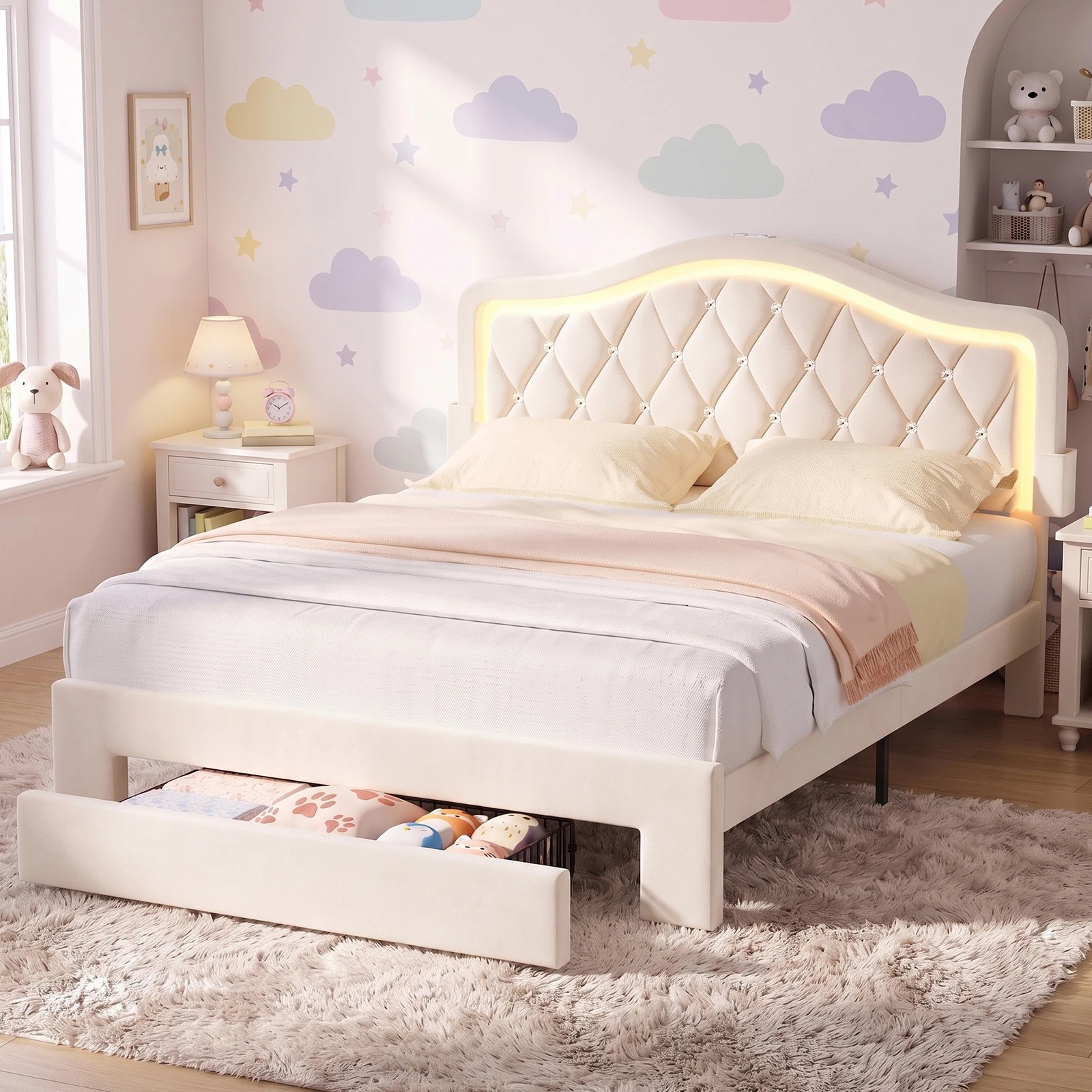 8 Advwin LED Velvet Bed Frame with Adjustable Headboard and Storage Drawer Double - Beige, 8 of 9