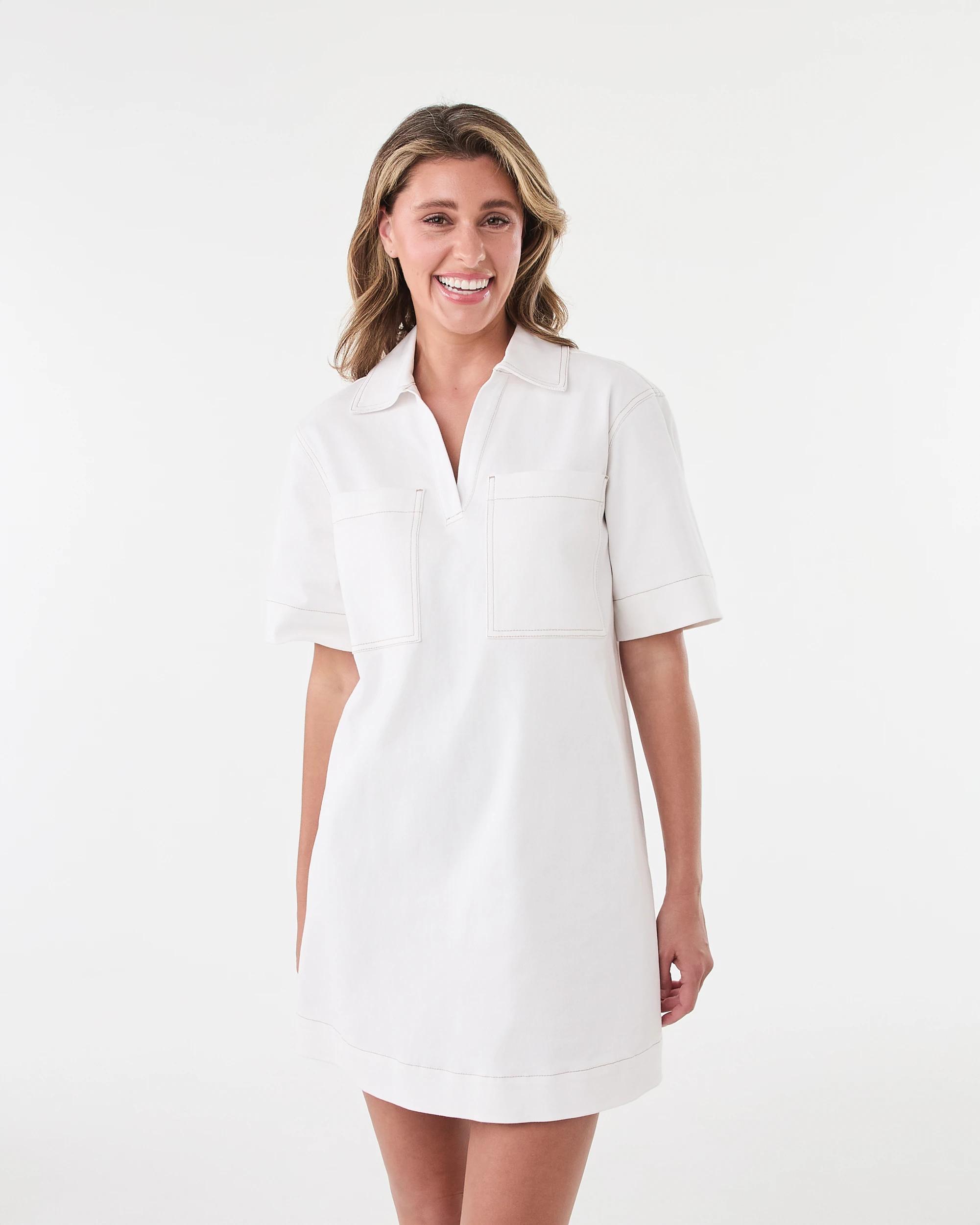 1 Short Sleeve Boxy V-Neck Denim Dress Ecru, 1 of 8