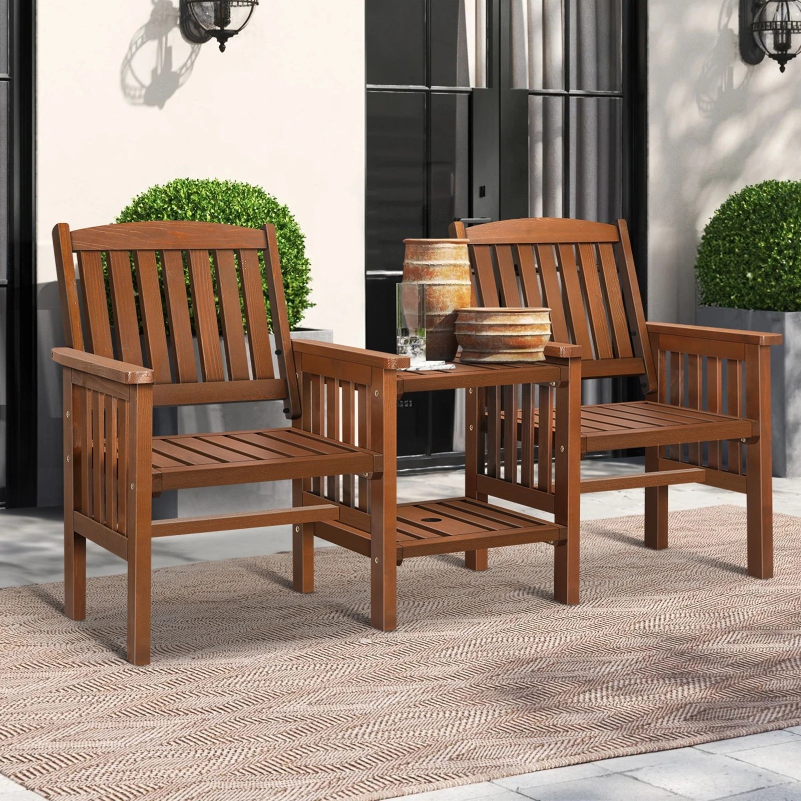 3 Alfordson Outdoor Garden Bench Wooden Loveseat Patio Chairs Table Set - Brown, 3 of 9