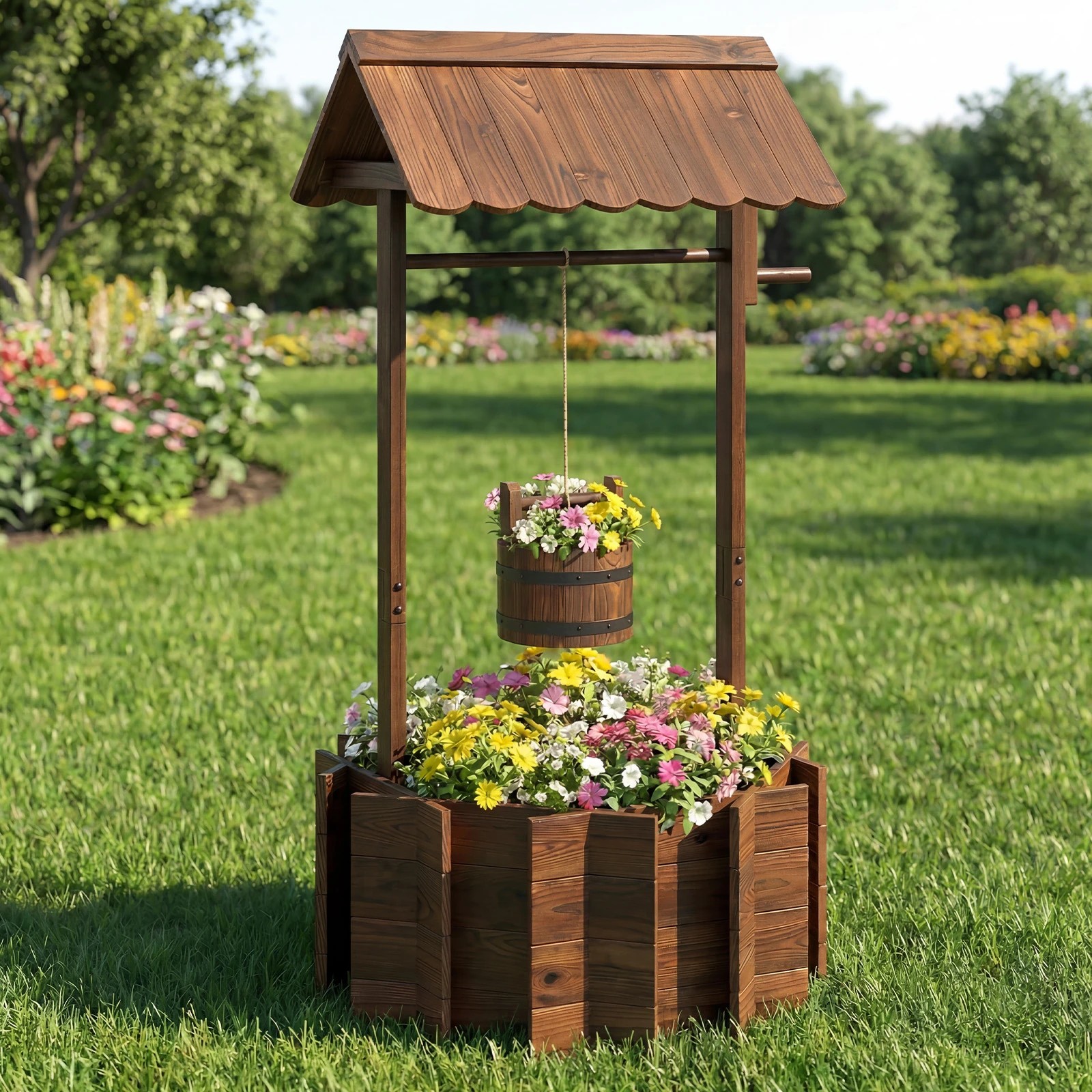2 Costway Garden Wood Wishing Well Bucket Outdoor Rustic Well w/Hanging Bucket Planter, 2 of 4