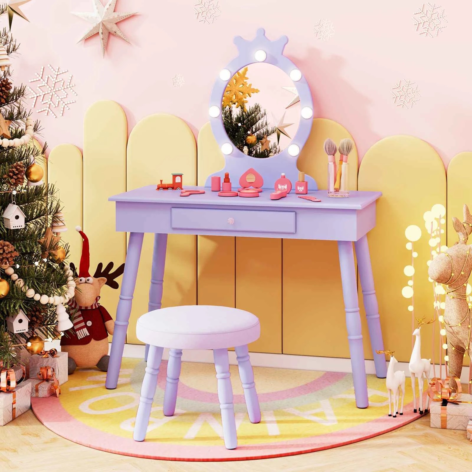 2 Costway 2-in-1 Vanity Princess Makeup Dressing Table Set w/Mirror - Purple, 2 of 4