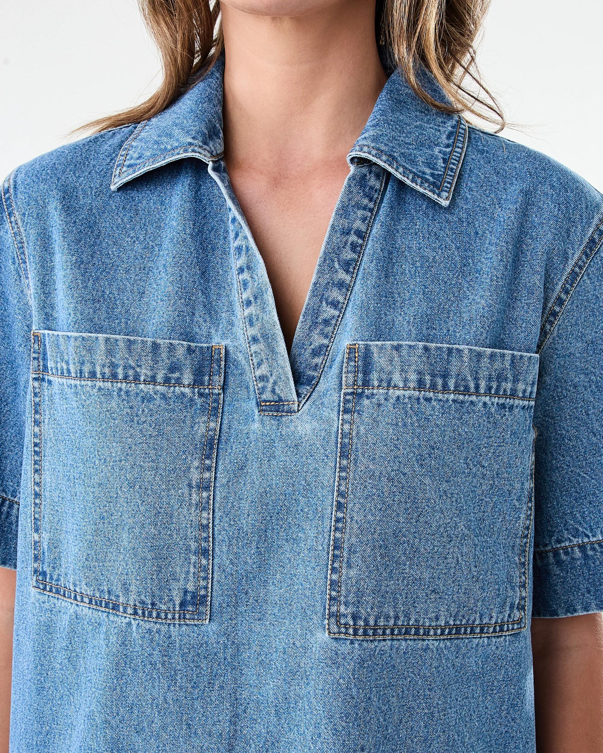 5 Short Sleeve Boxy V-Neck Denim Dress Mid Wash, 5 of 8