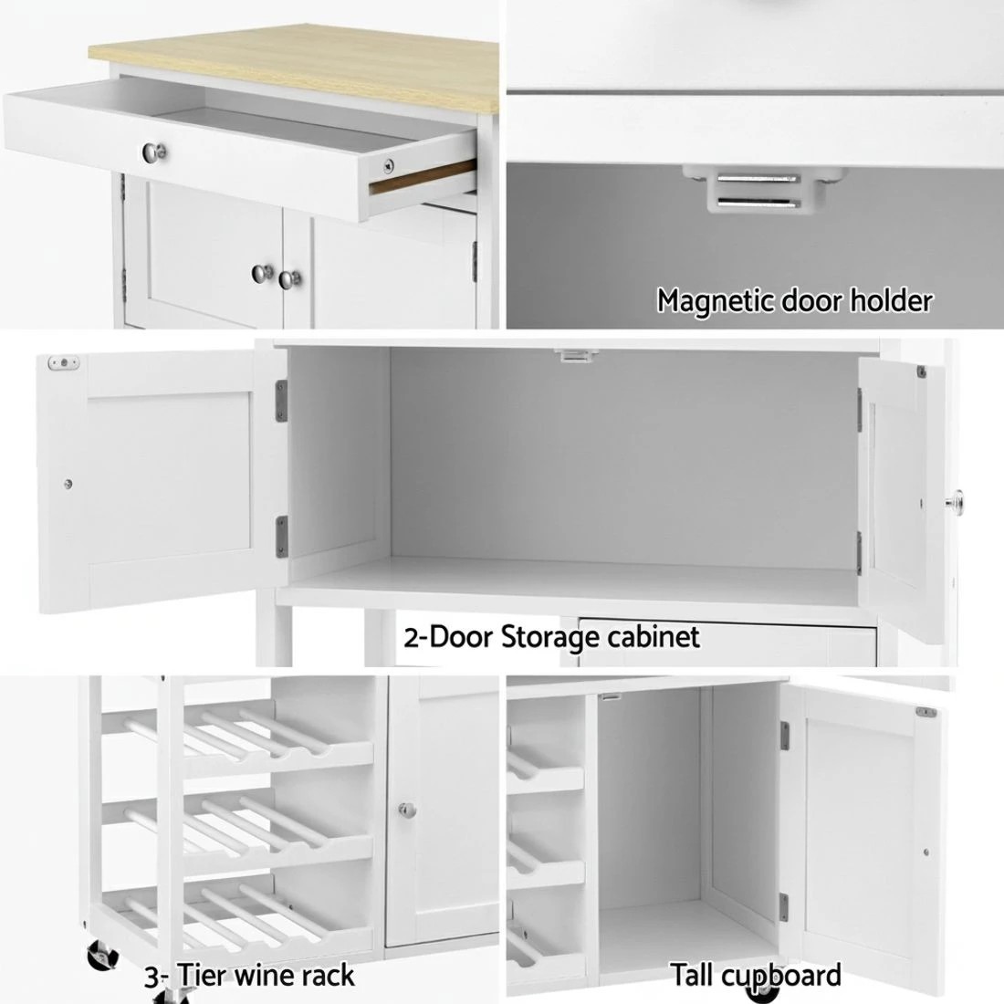 7 Artiss Kitchen Island Trolley Rolling Serving Cart Storage Cart Drawer Cupboard - White, 7 of 7