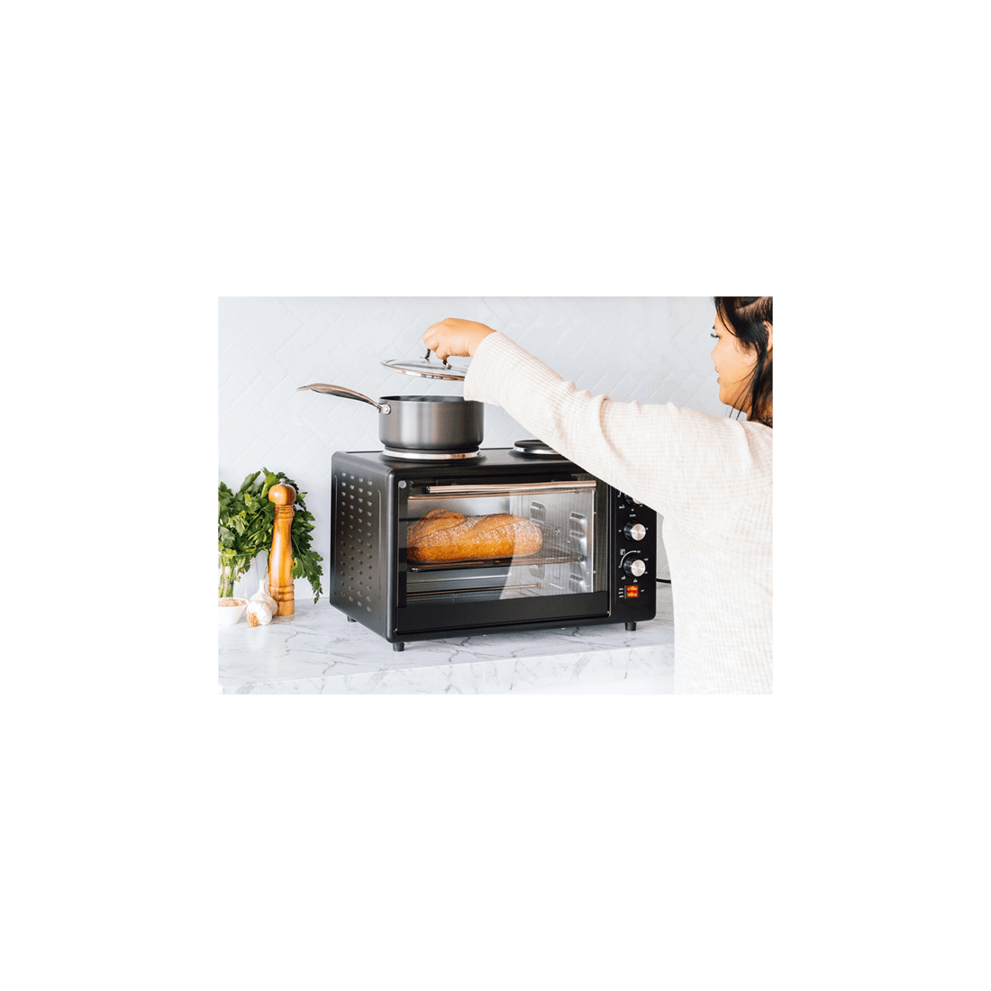 6 34l 1700w Portable Electric Rotisserie Grill/toaster Oven/dual Cooktop/hot Plate
 - Black, 6 of 7