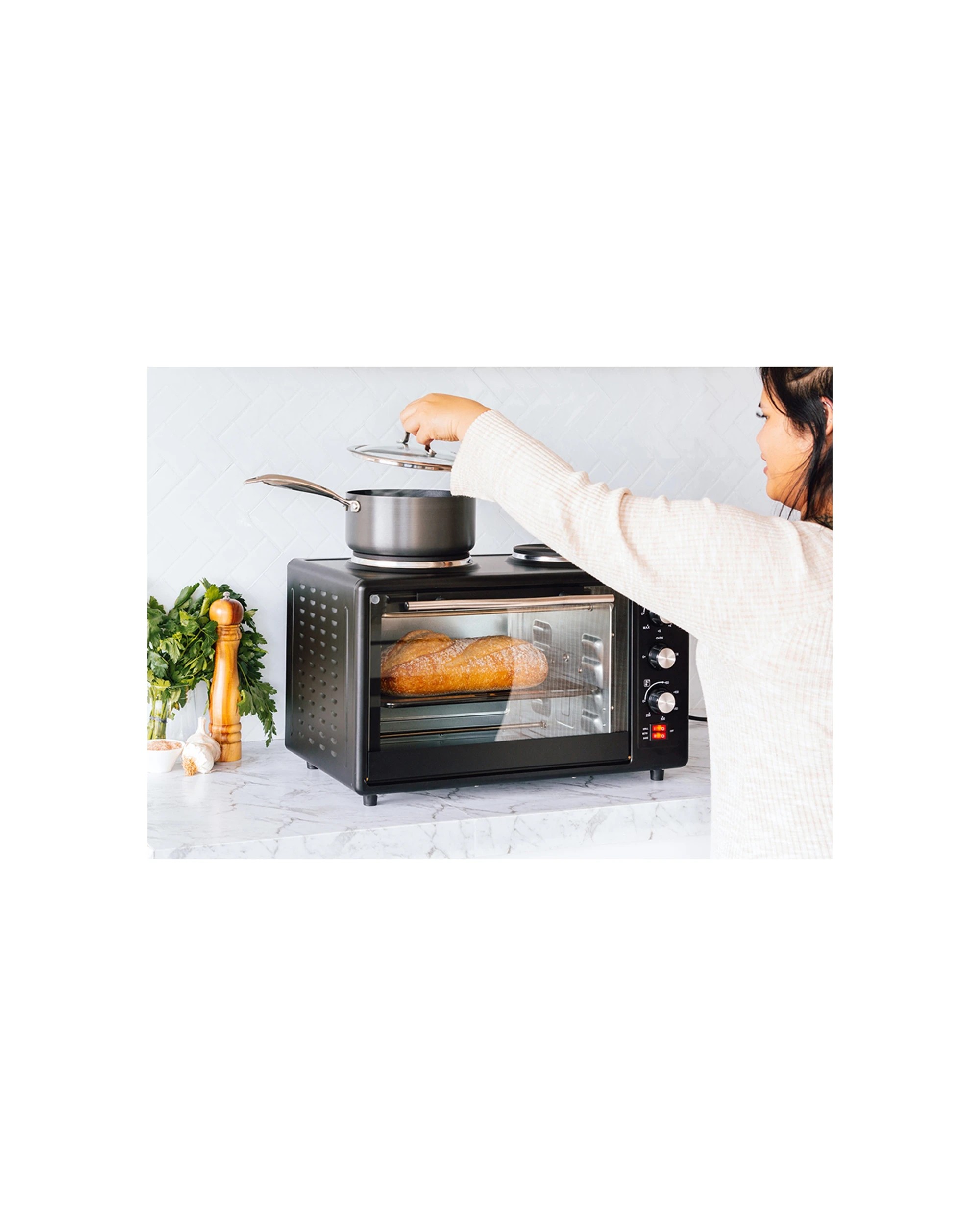 6 34l 1700w Portable Electric Rotisserie Grill/toaster Oven/dual Cooktop/hot Plate
 - Black, 6 of 7