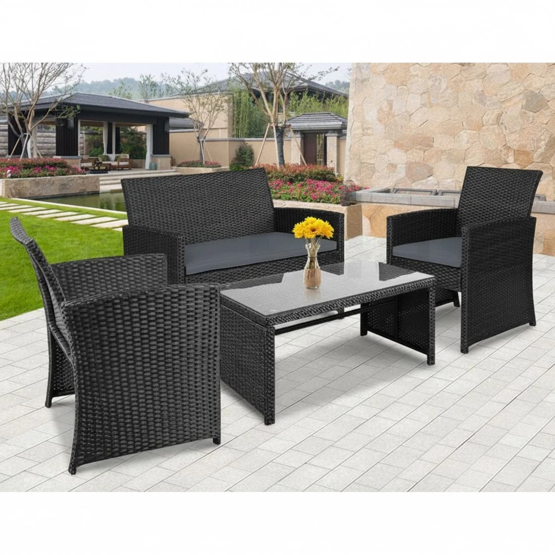 6 Gardeon 4 PCS Outdoor Sofa Set Rattan Chair Table Setting Garden Furniture - Black, 6 of 6