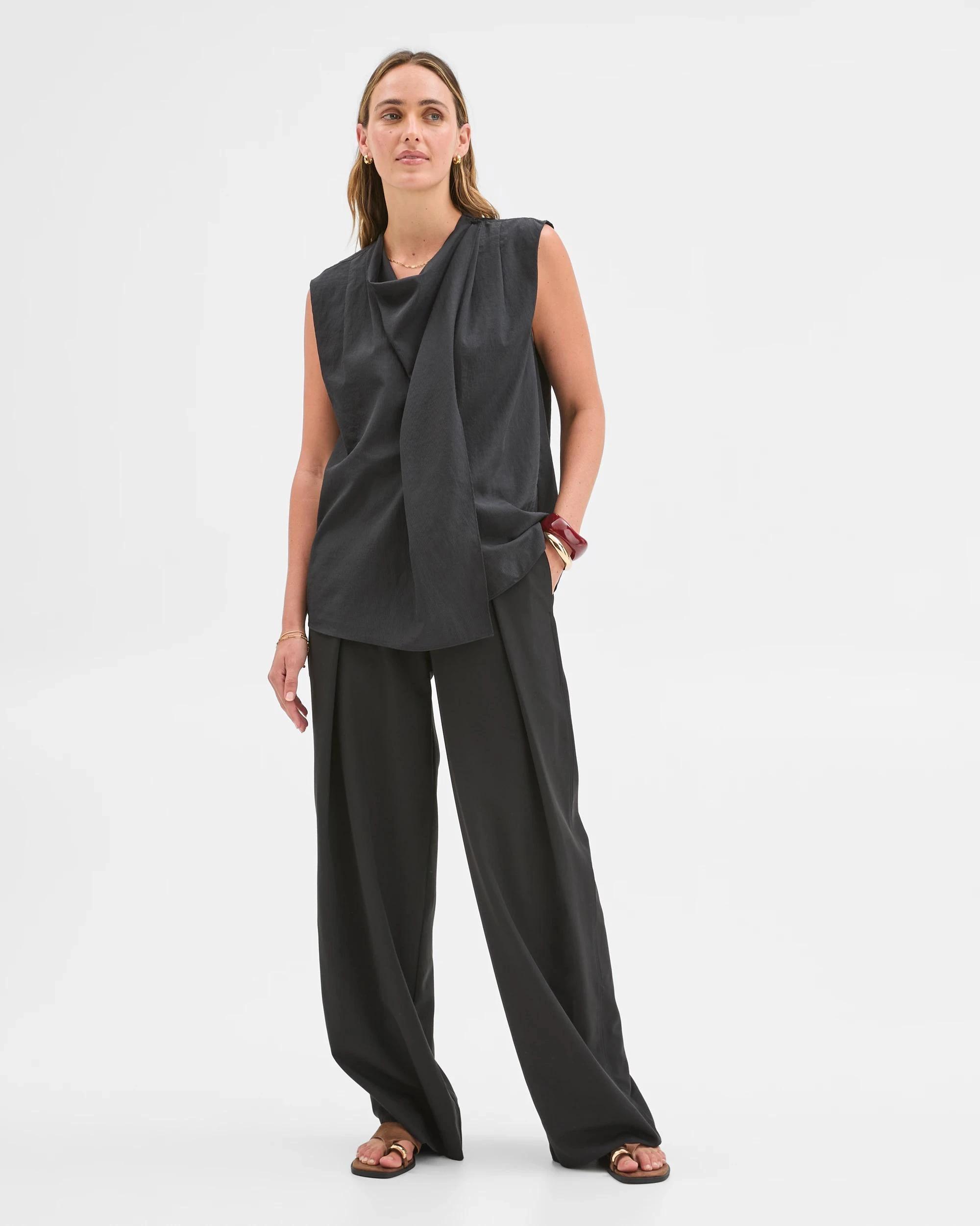 1 Target Woman Sleeveless Scarf Draped Front Blouse BLACK, 1 of 6