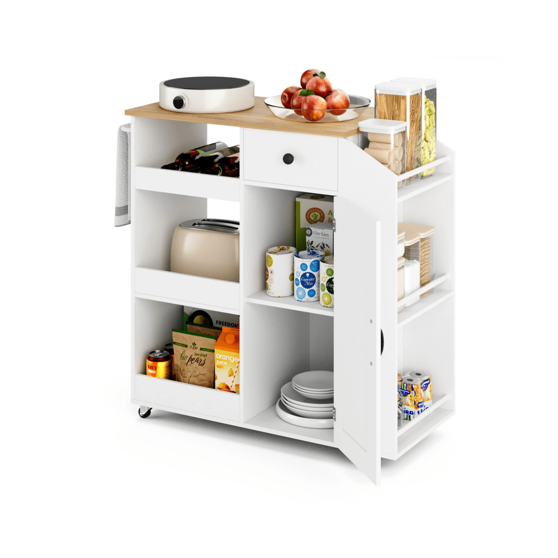 6 Advwin Kitchen Island Cart on Wheels with Charging Station Adjustable Shelves Wine Rack& Wood Top - White, 6 of 8