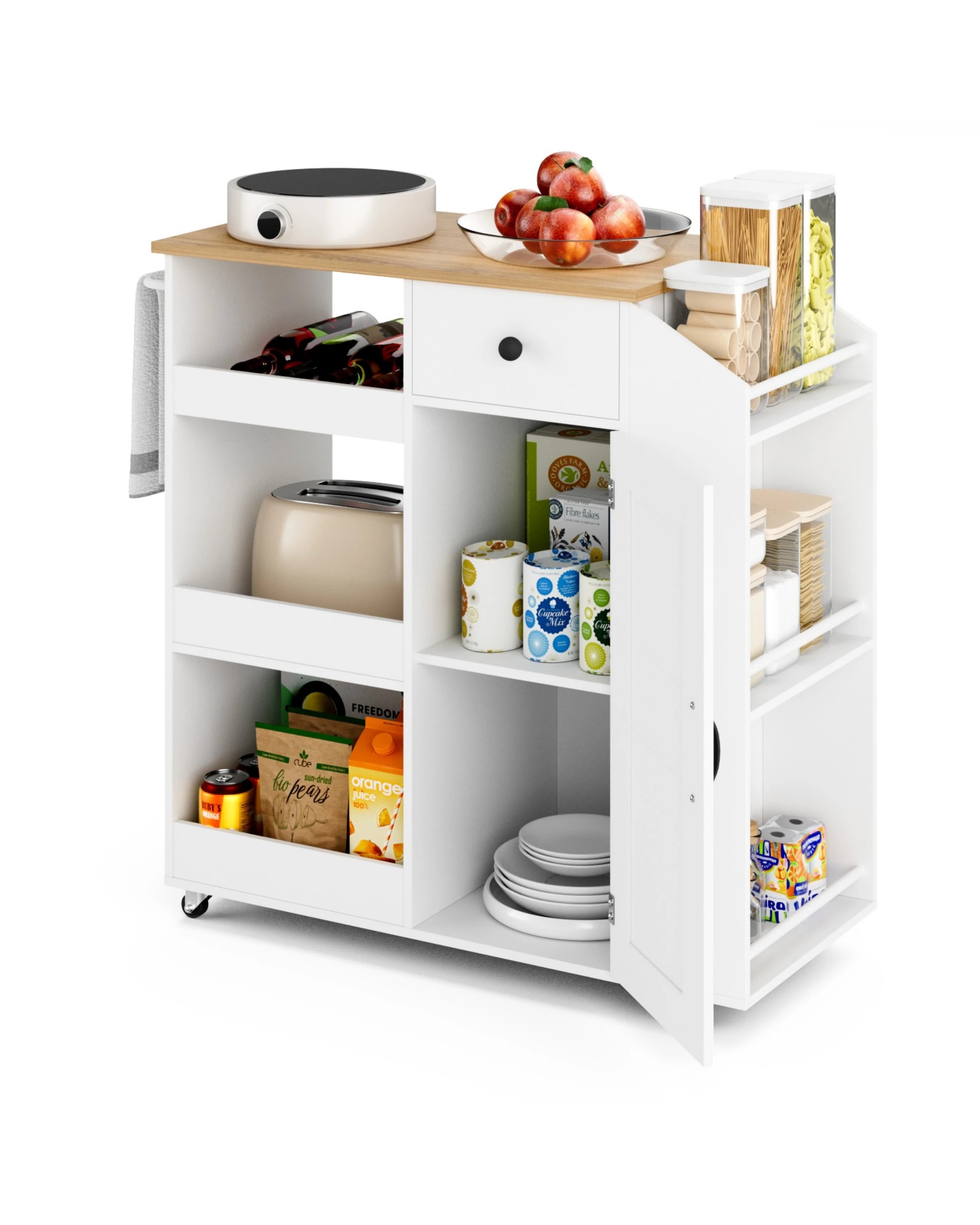 6 Advwin Kitchen Island Cart Rolling Trolley Cabinet on Wheels with Charging Station Adjustable Shelves Wine Rack - White, 6 of 8