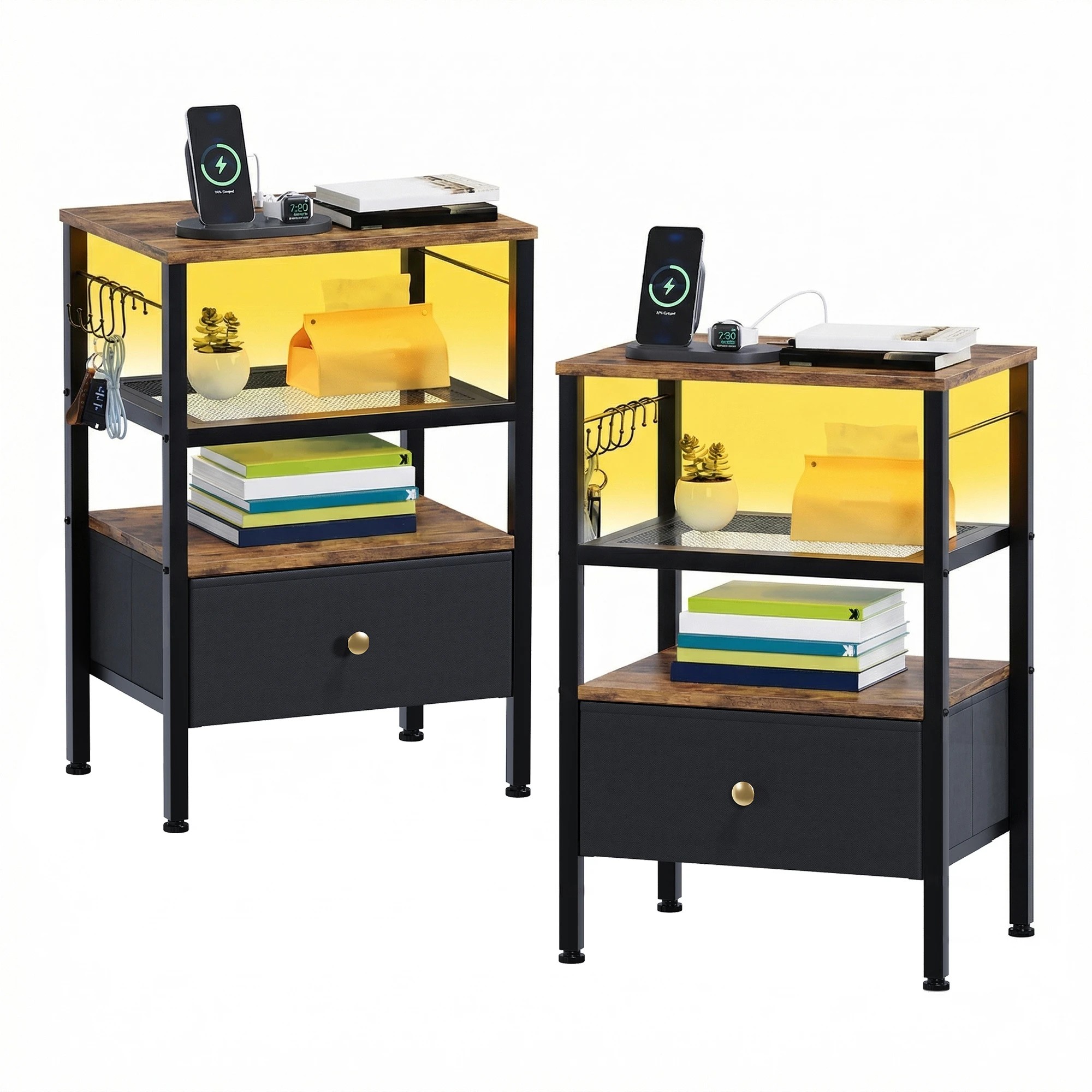 1 Advwin Set of 2 Bedside Table with Charging Station LED Lights Drawer - Brown, 1 of 8