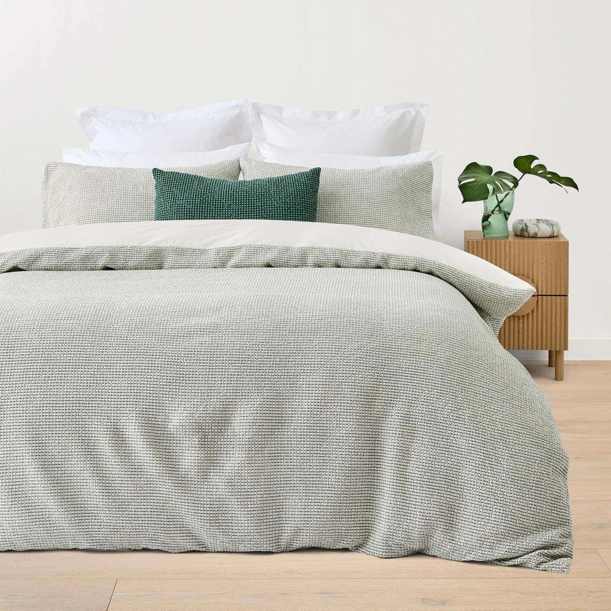 1 Mini Waffle Cotton Quilt Cover Set - Queen Bed, Green, 1 of 6