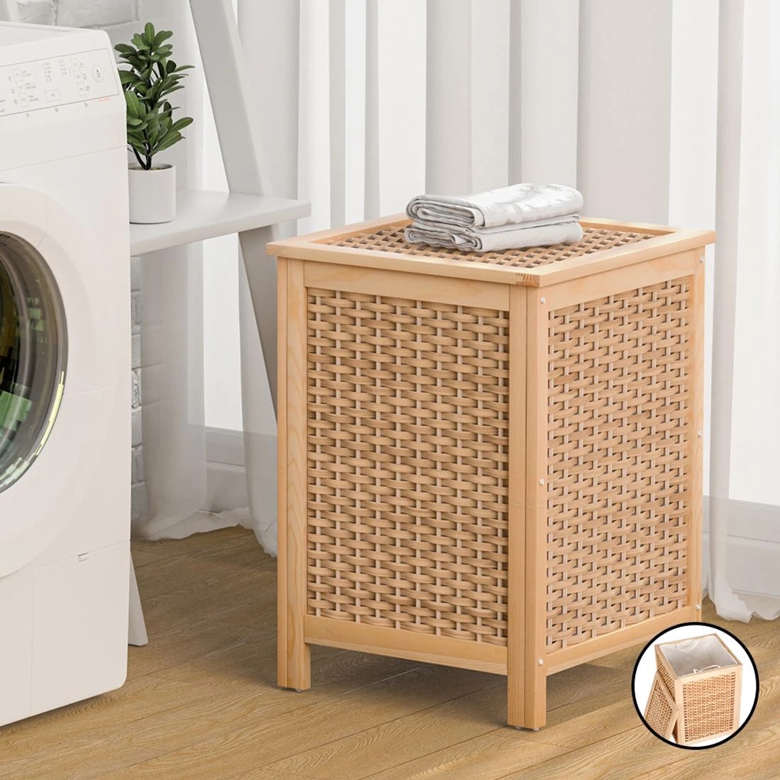 3 Artiss Laundry Hamper Wooden Bathroom Storage Cabinet - Natural, 3 of 6