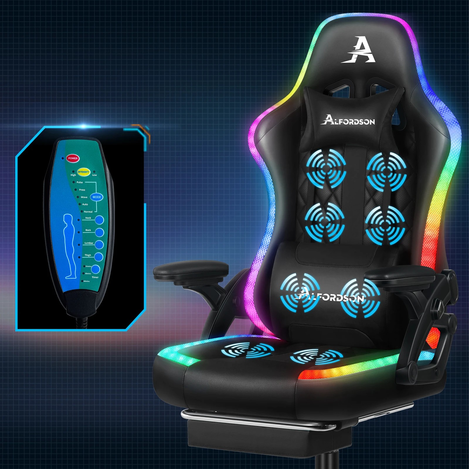 3 Alfordson Gaming Chair Office Massage 12 RGB LED Computer Leather - All Black, 3 of 10