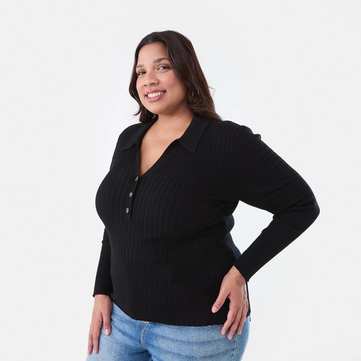 2 Curve Long Sleeve Knit Polo Top Black, 2 of 5