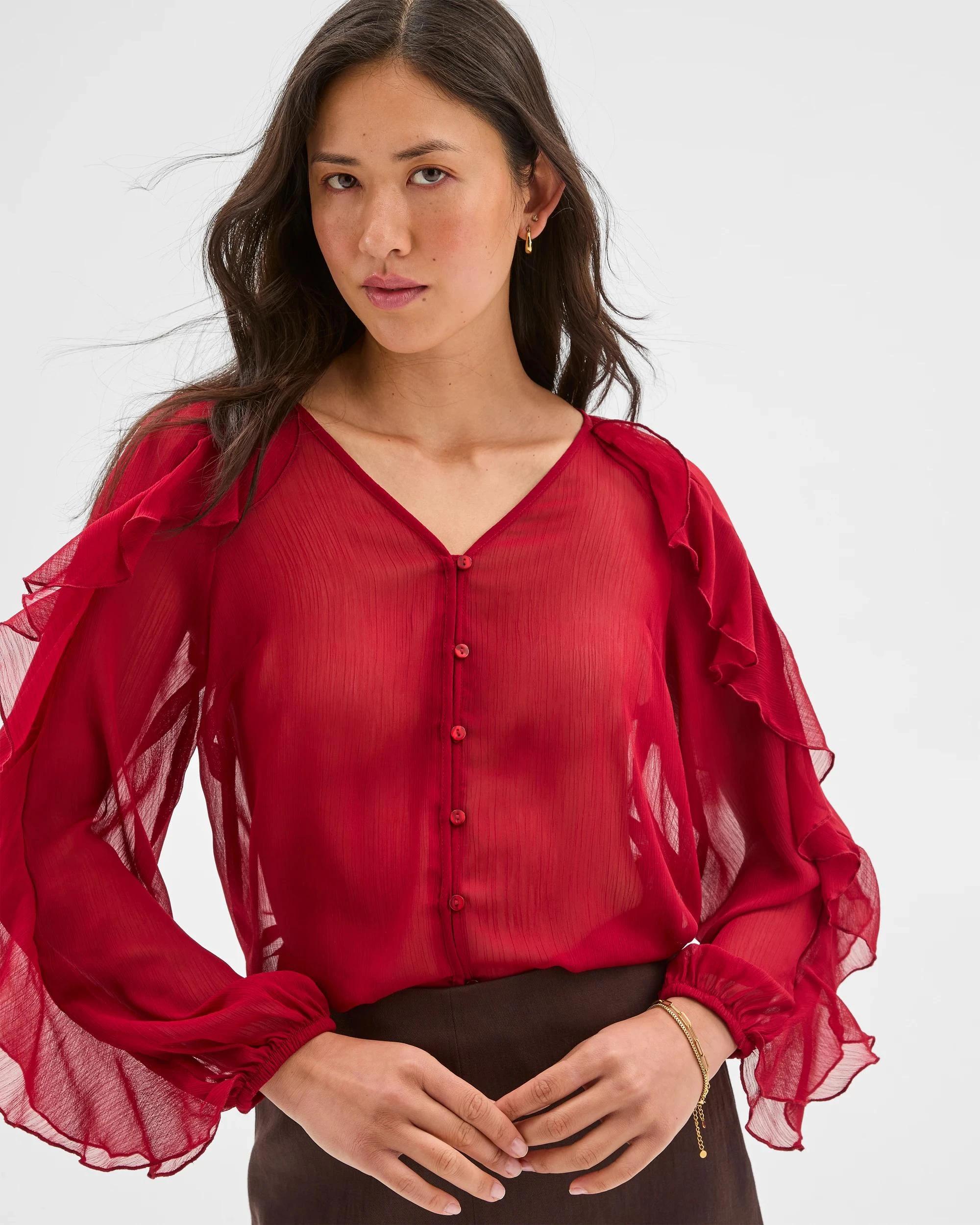 5 Long Sleeve Ruffle Detail Blouse - Preview CRIMSON, 5 of 7