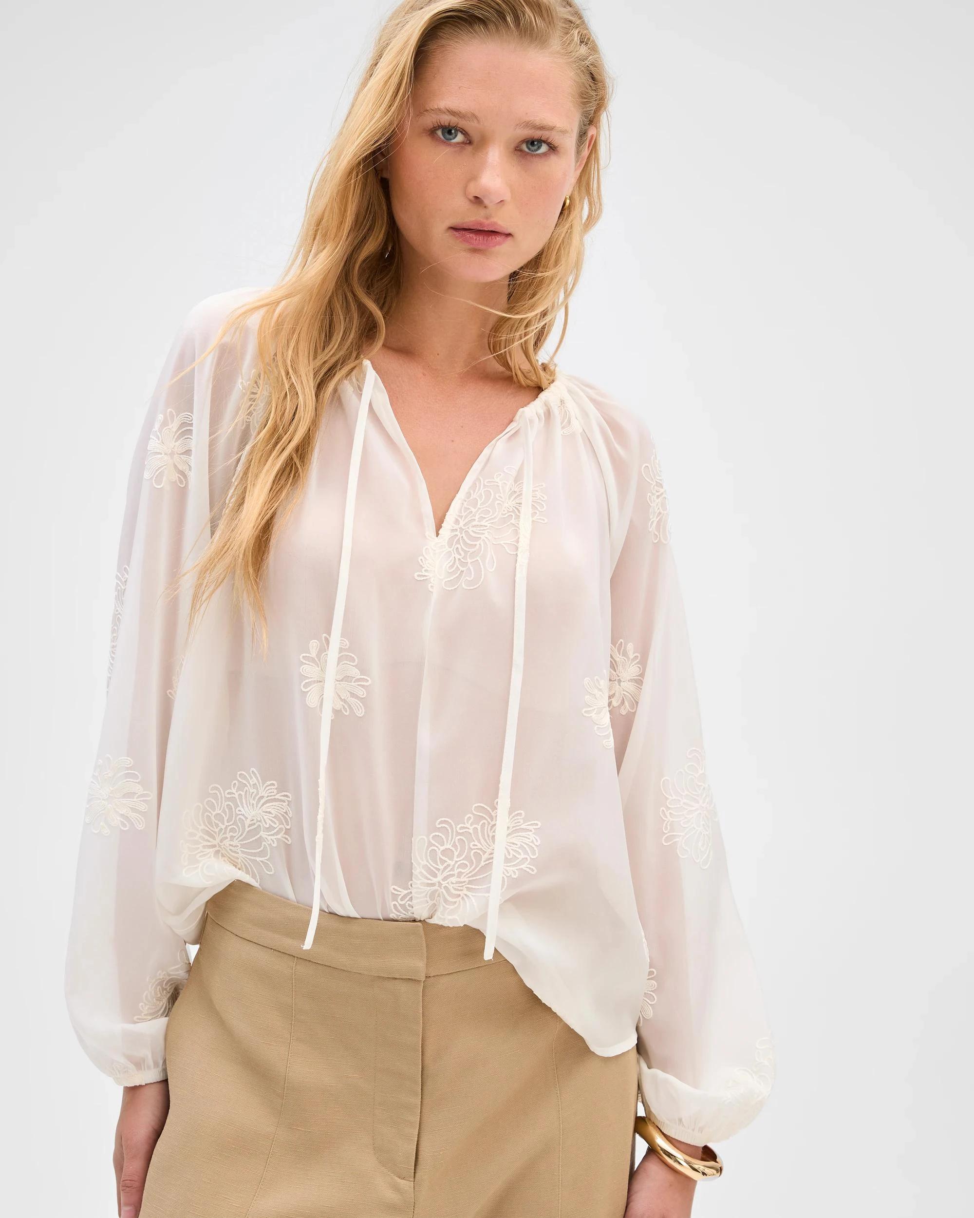 1 Preview Long Sleeve Embroidered Detail Blouse CLOUD DANCER, 1 of 6