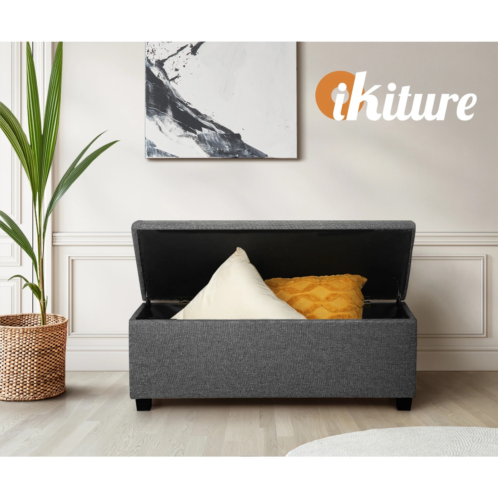 9 Oikiture Storage Ottoman Blanket Box Faux Linen Chest Toy Foot Stool
 - Grey, 9 of 10