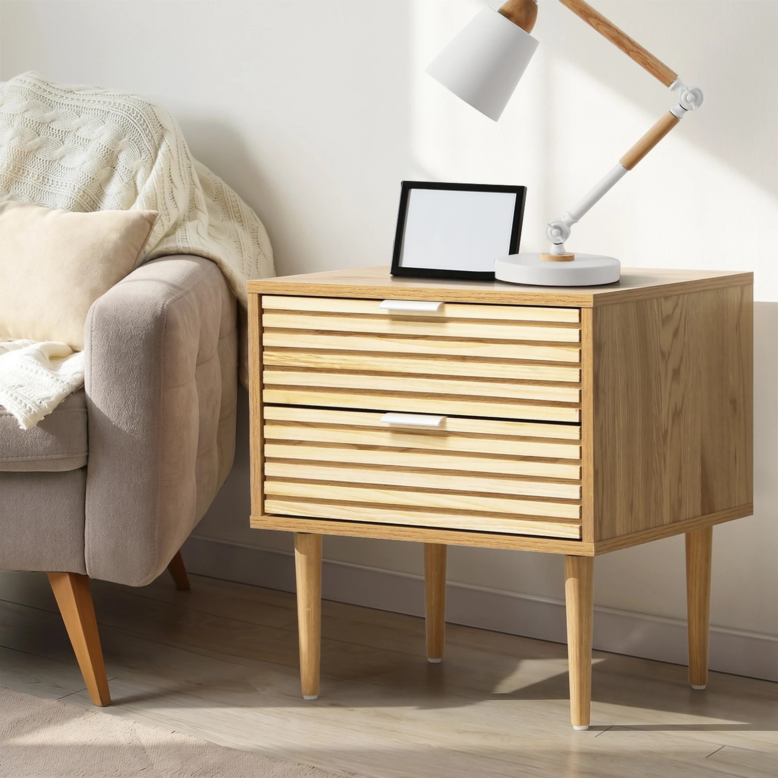 4 Oikiture Bedside Table 2 Drawers Side Table Cabinet Metal Handle - Natural, 4 of 8