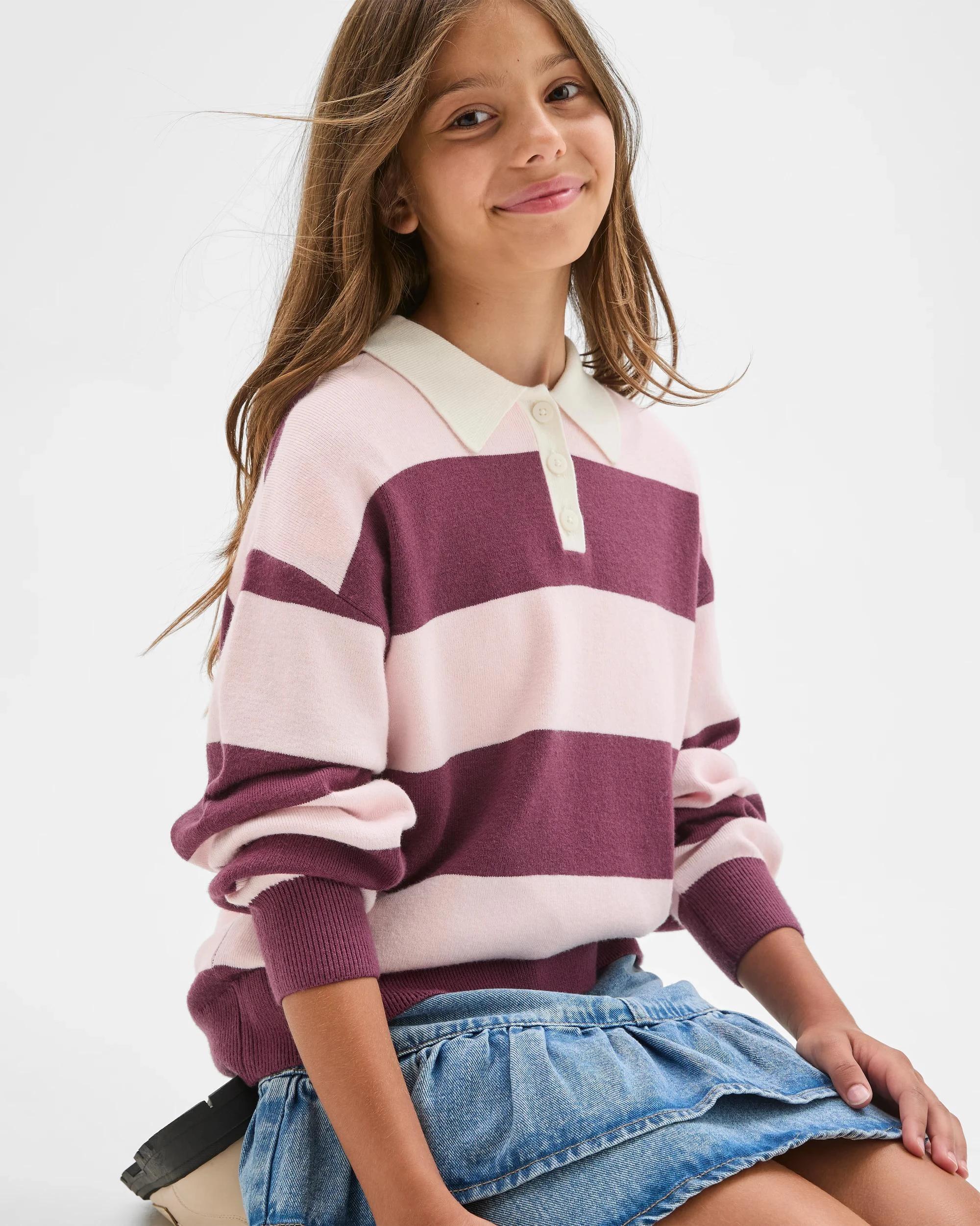 3 Target Kids Long Sleeve Loose Knit Rugby Jumper BURGUNDY STRIPE, 3 of 6