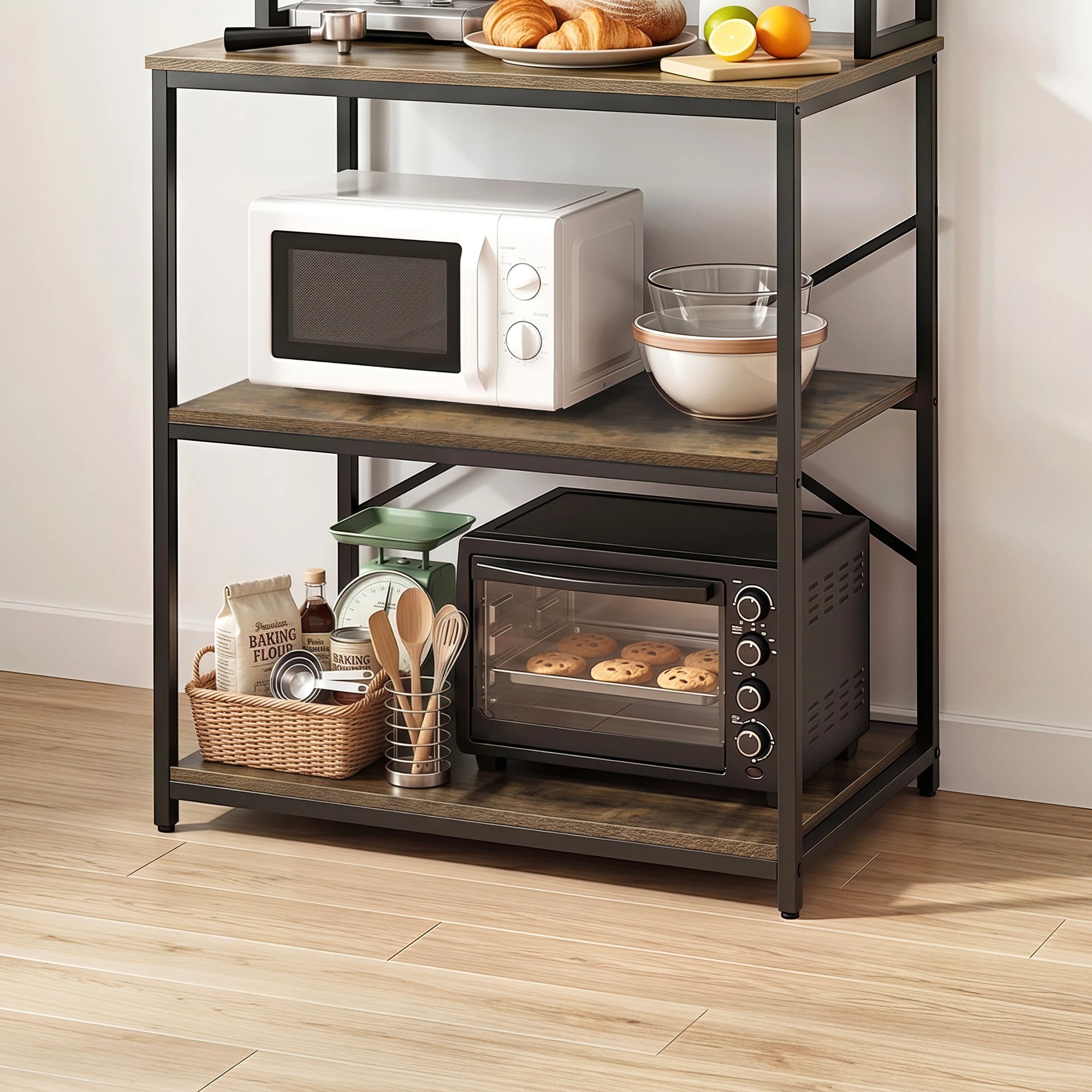 5 Artiss 6-Tier Kitchen Rack with 6 Hooks Microwave Metal Storage Shelf 80cm x 167cm - Brown, 5 of 9