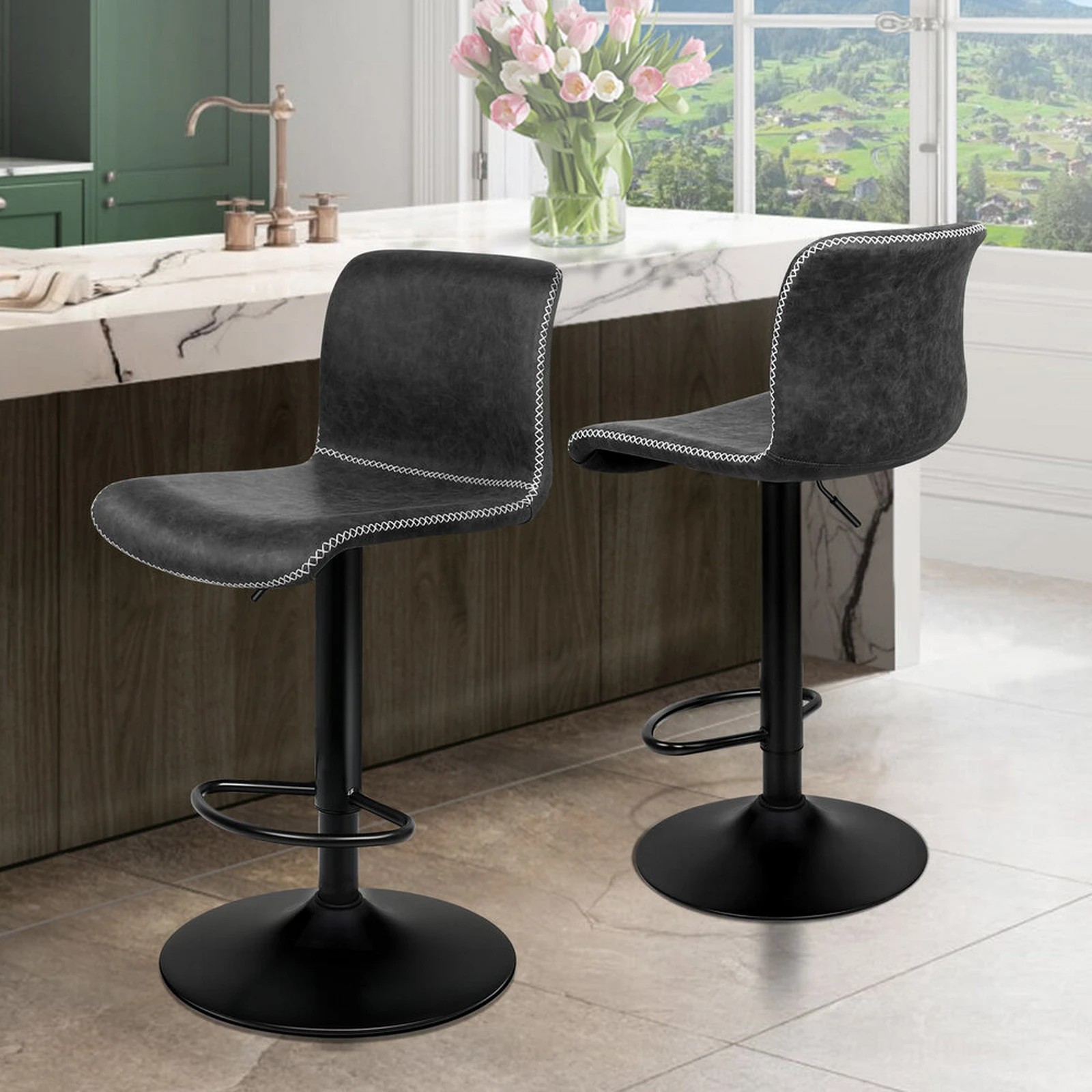 8 Alfordson 2x Bar Stools Remy Kitchen Gas Lift Swivel Chair Vintage Leather - Grey, 8 of 10