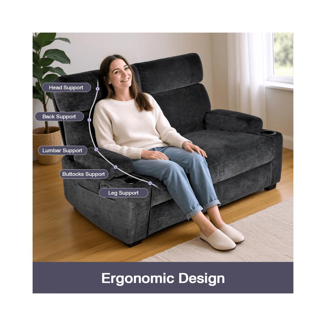 5 Advwin Loveseat Recliner Chair Velvet 8-Point Electric Vibration Massage Chair Black, 5 of 10