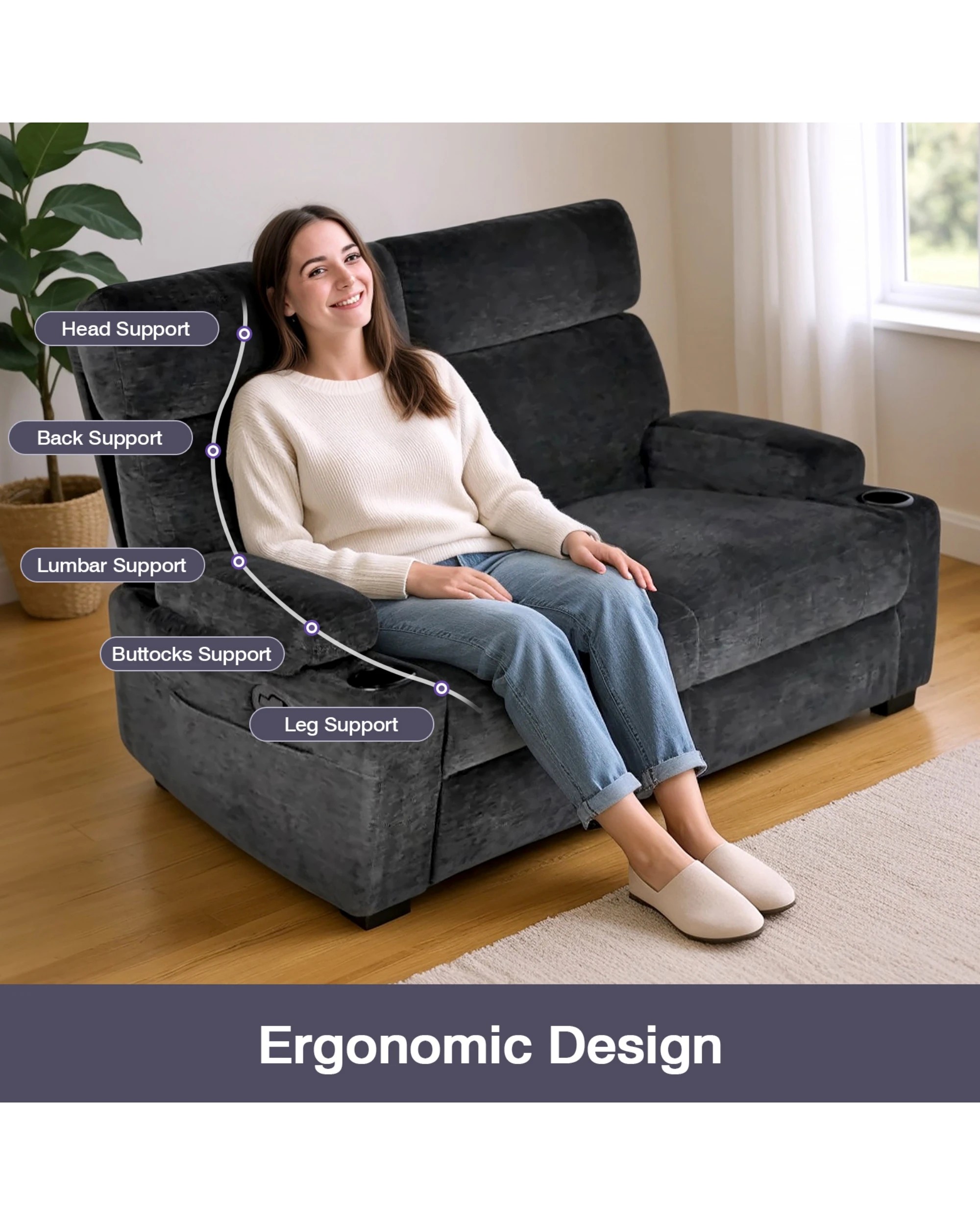 5 Advwin Loveseat Recliner Chair Velvet Black, 5 of 10